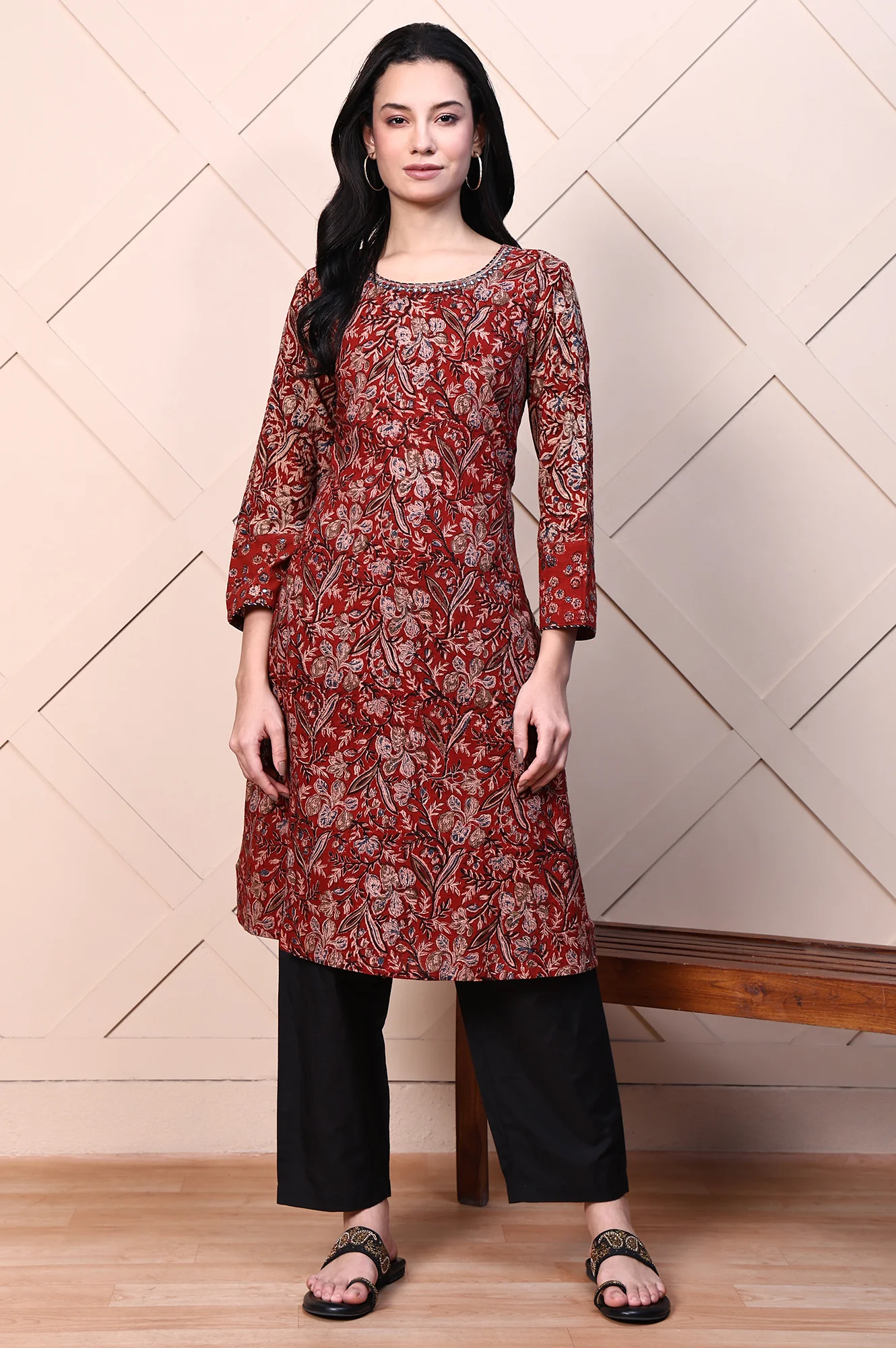 Red Kalamkari Printed Pure Cotton Straight Casual Kurta with Mirror Work