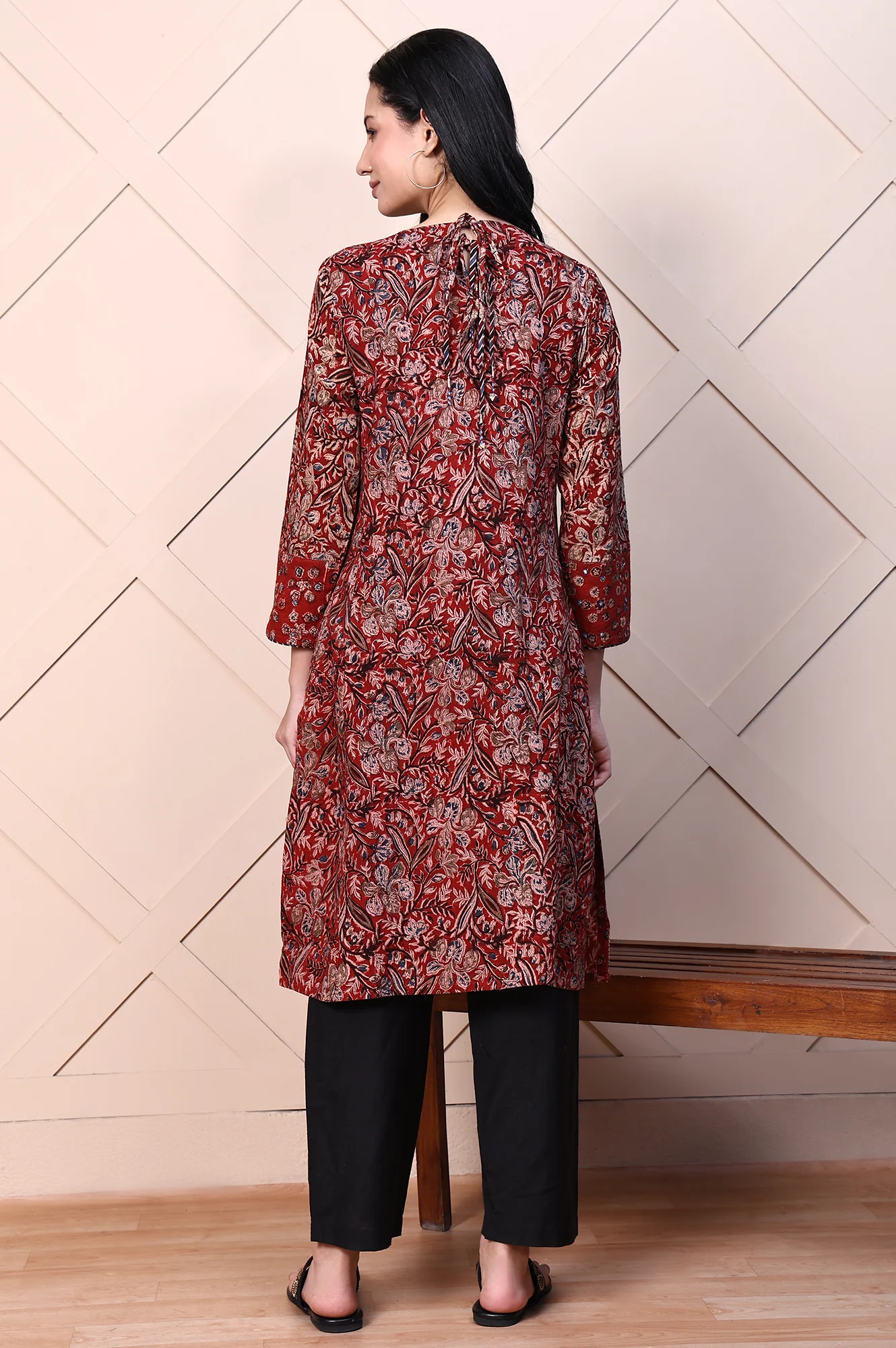 Red Kalamkari Printed Pure Cotton Straight Casual Kurta with Mirror Work - Image 5