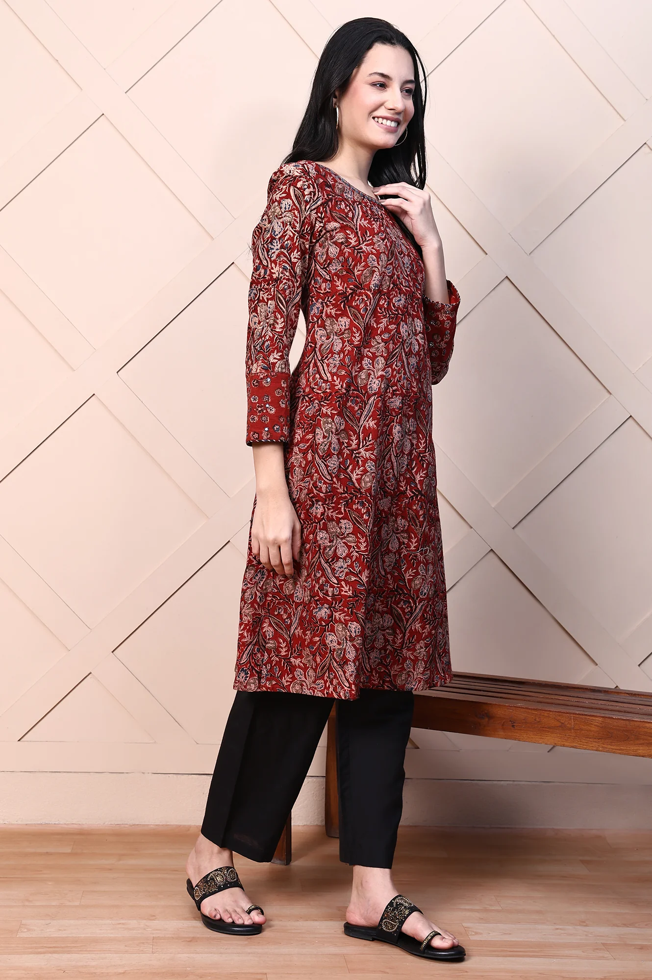 Red Kalamkari Printed Pure Cotton Straight Casual Kurta with Mirror Work - Image 6