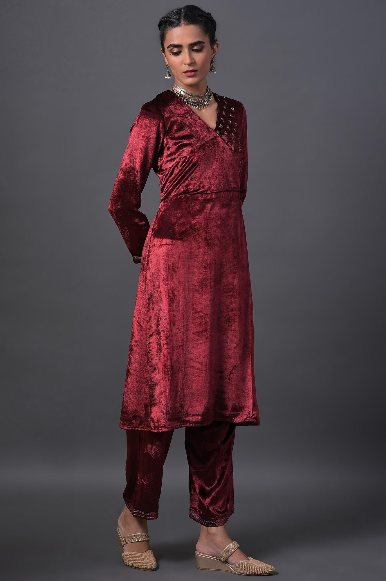 Red Mock Angrakha Embroidered kurta With Straight Pants - Image 4
