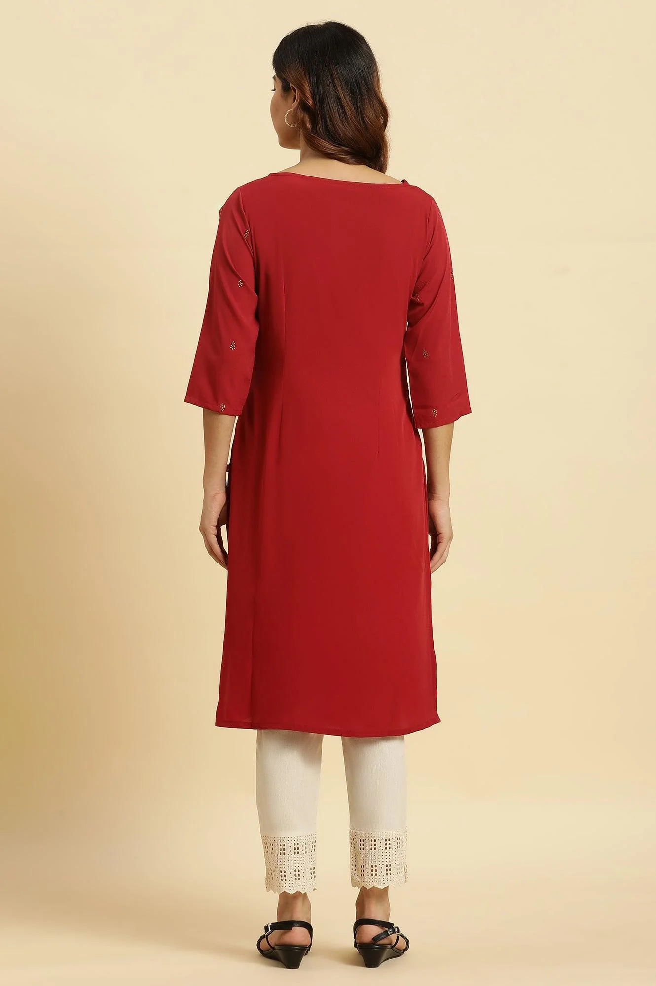 Red Mukaish Printed Festive Straight Kurta - Image 4