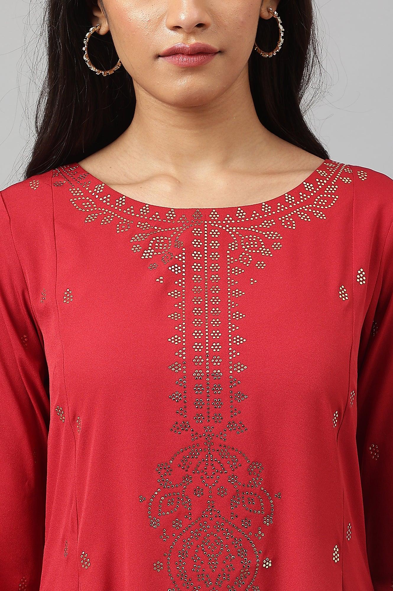 Red Mukaish Printed kurta - Image 8