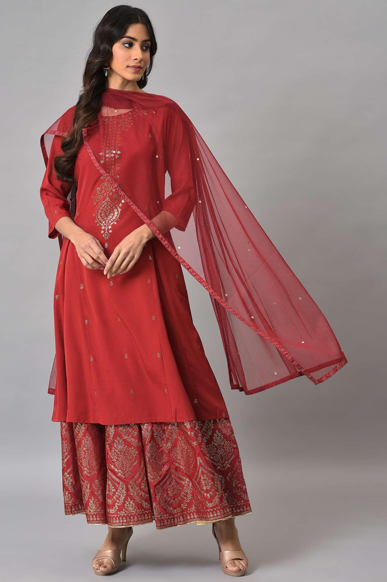Red Mukaish Printed kurta With Flared Skirt And Mesh Dupatta - Image 10