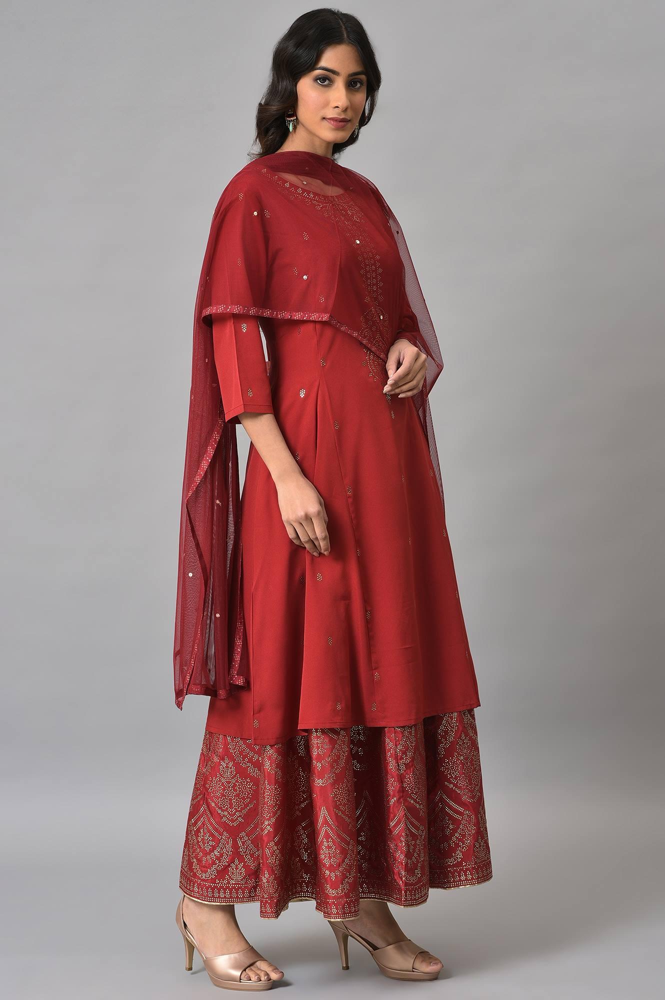 Red Mukaish Printed kurta With Flared Skirt And Mesh Dupatta - Image 4