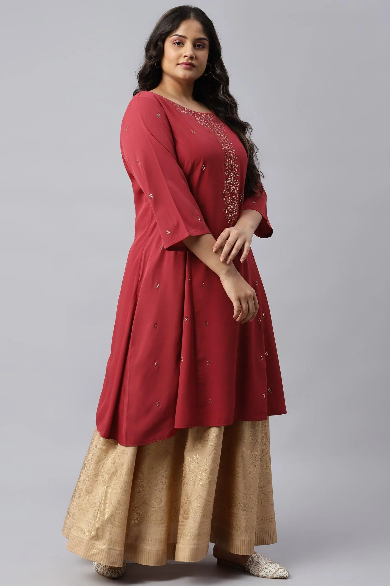 Red Mukaish Printed Plus Size kurta - Image 4