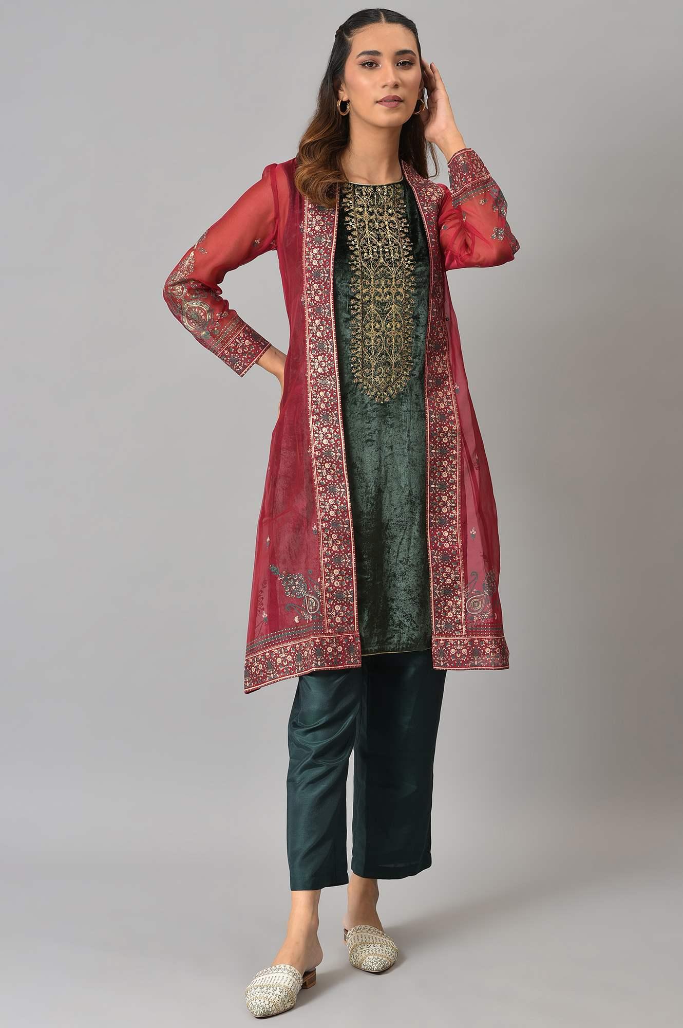 Red Organza Jacket With Green Mettalic Embroidered kurta And Pants - Image 10