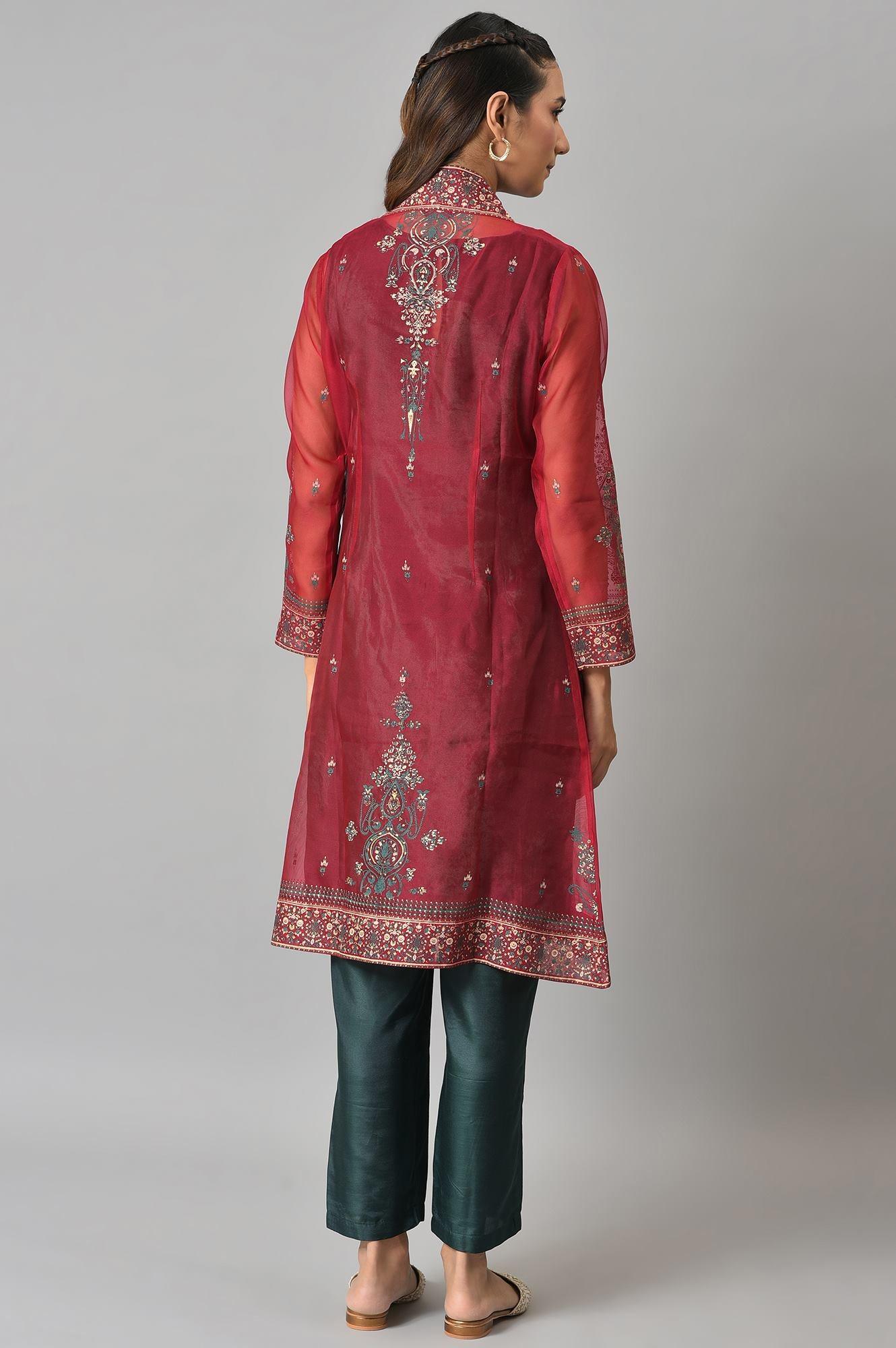 Red Organza Jacket With Green Mettalic Embroidered kurta And Pants - Image 2