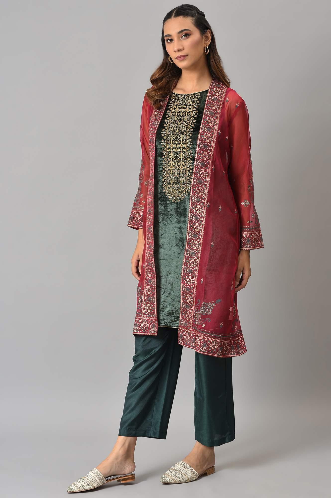 Red Organza Jacket With Green Mettalic Embroidered kurta And Pants - Image 3