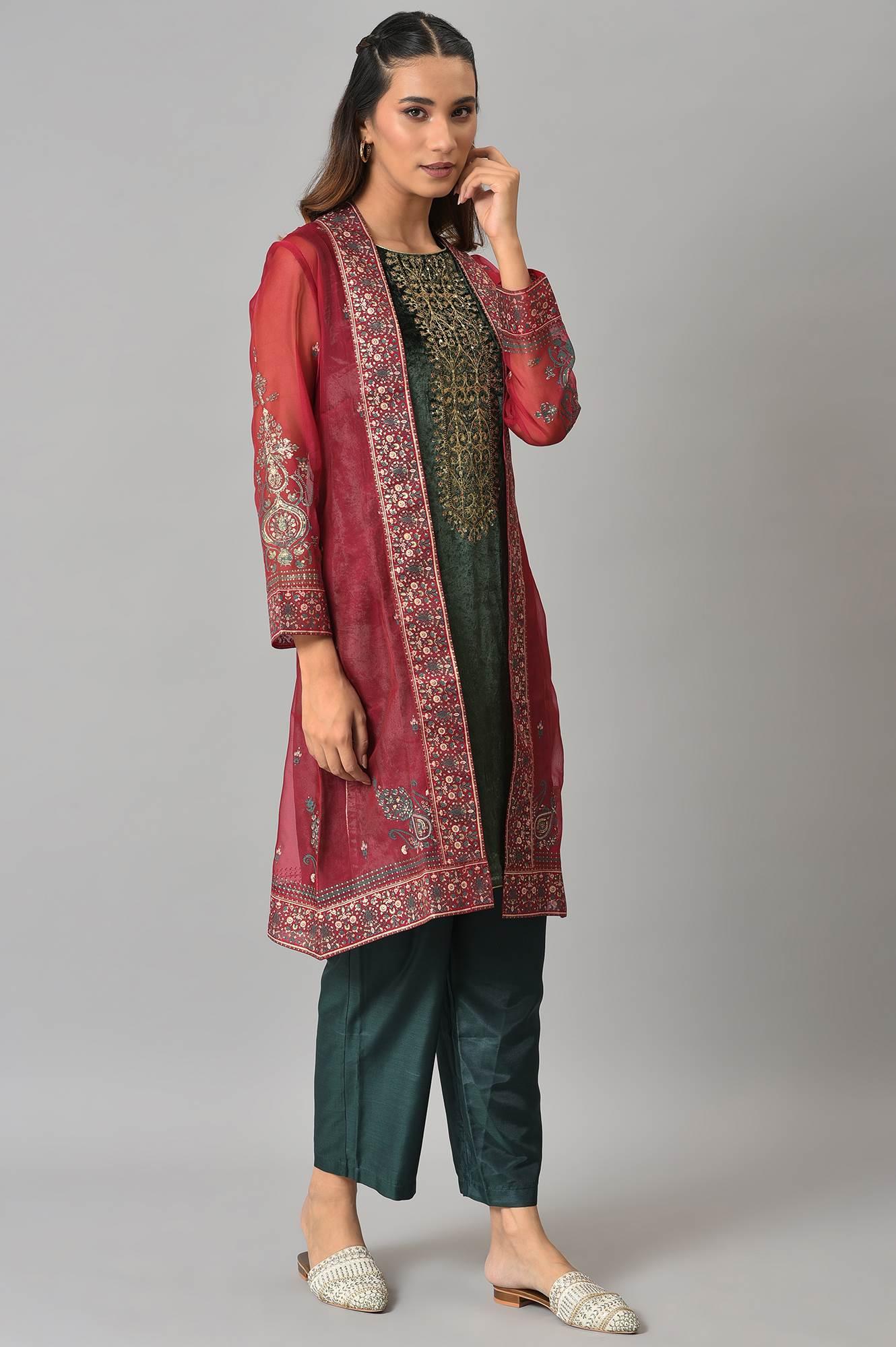 Red Organza Jacket With Green Mettalic Embroidered kurta And Pants - Image 4