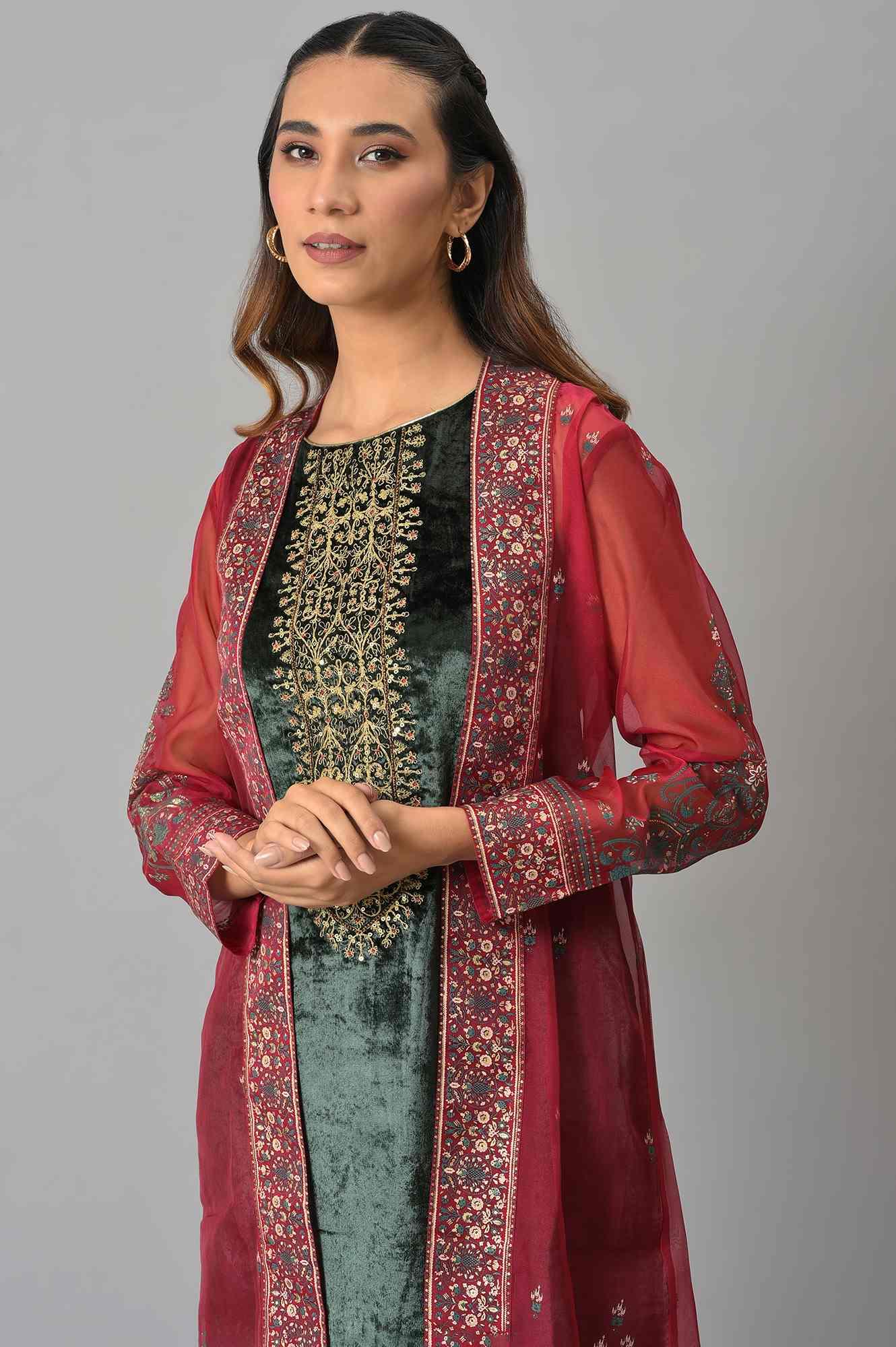 Red Organza Jacket With Green Mettalic Embroidered kurta And Pants - Image 5