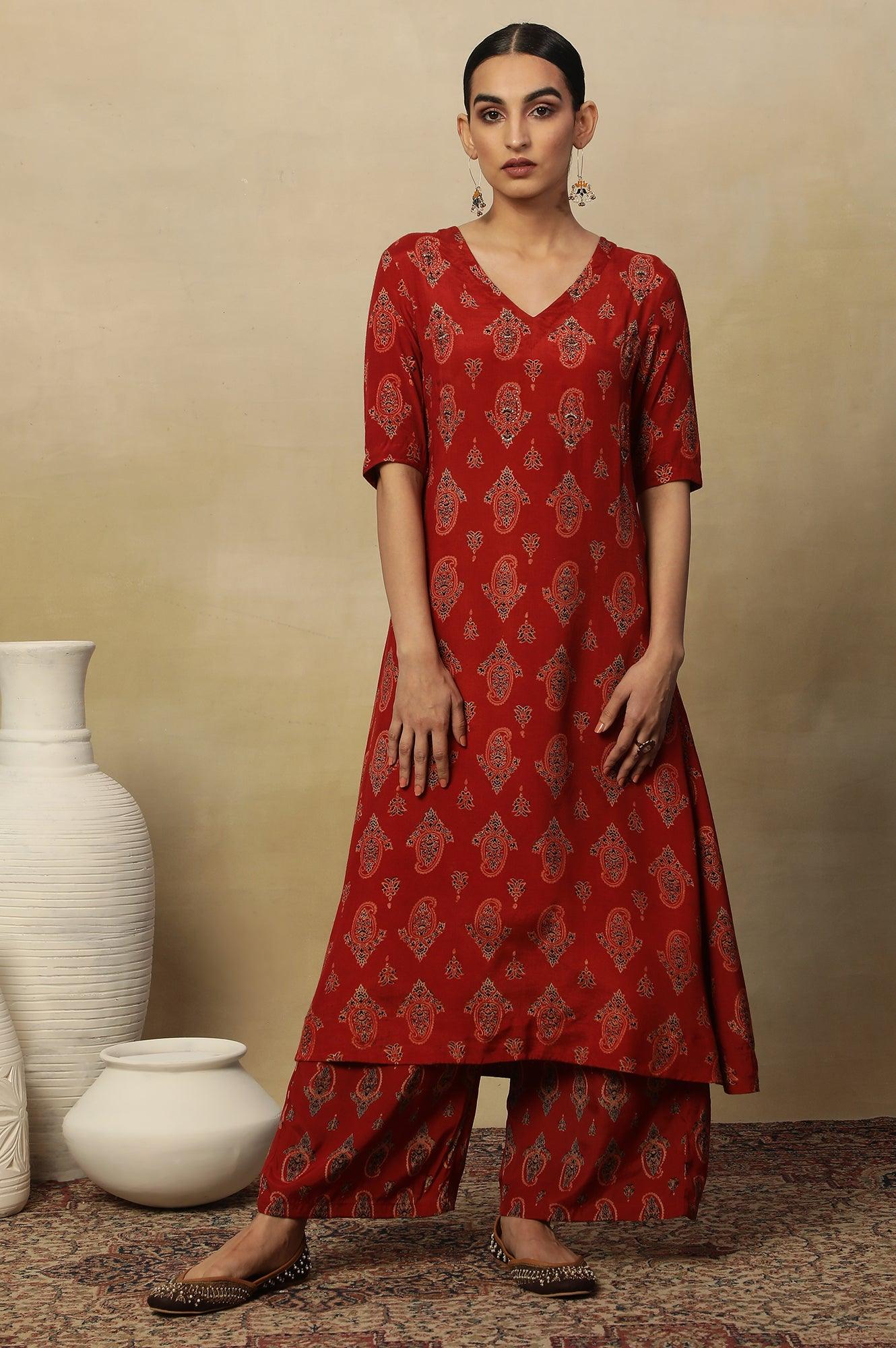Red Paisley Print A-Line Kurta - Image 2