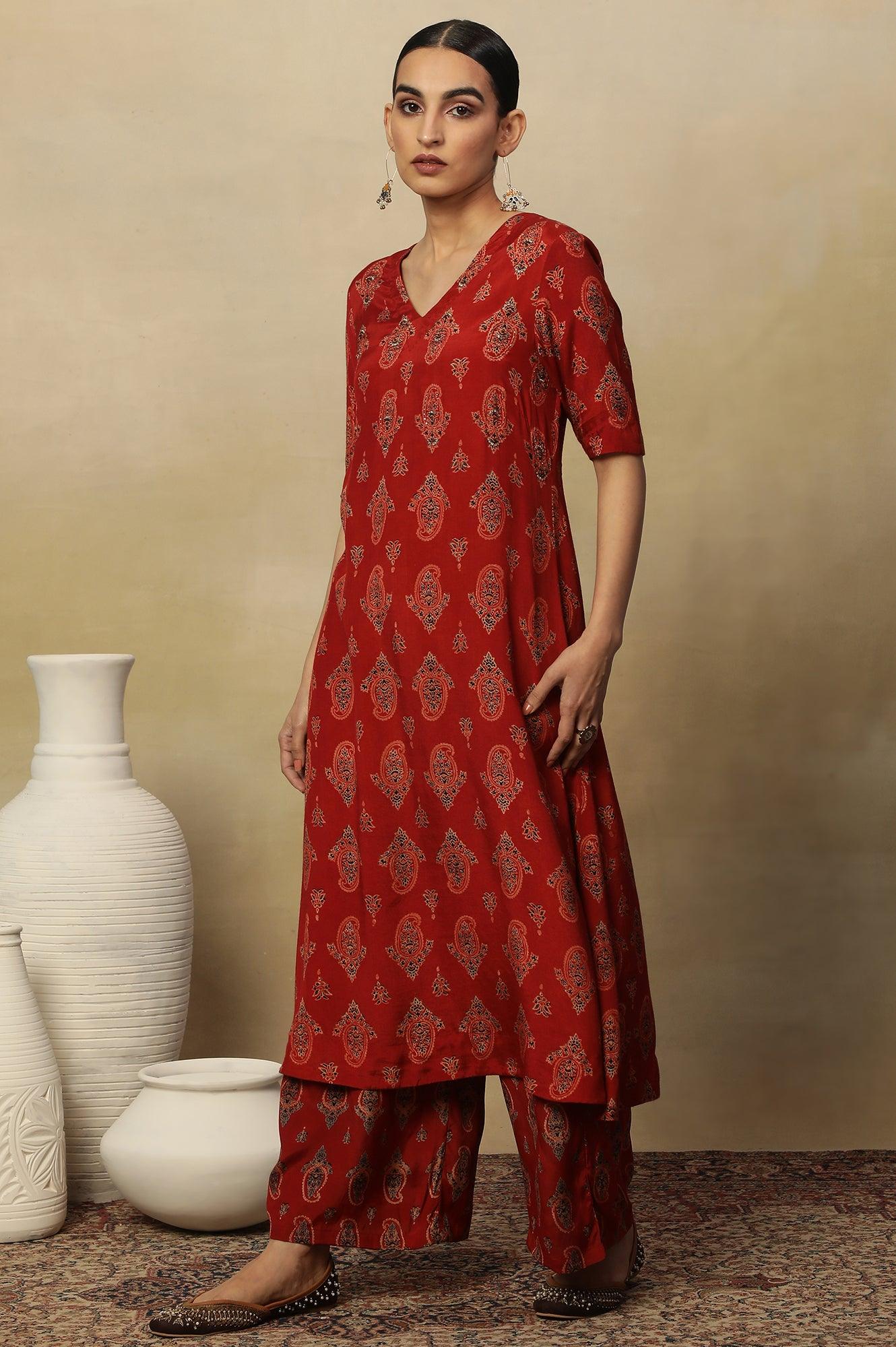 Red Paisley Print A-Line Kurta - Image 3