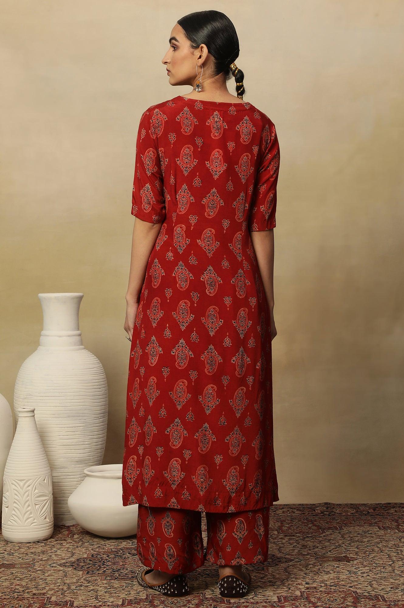 Red Paisley Print A-Line Kurta - Image 4