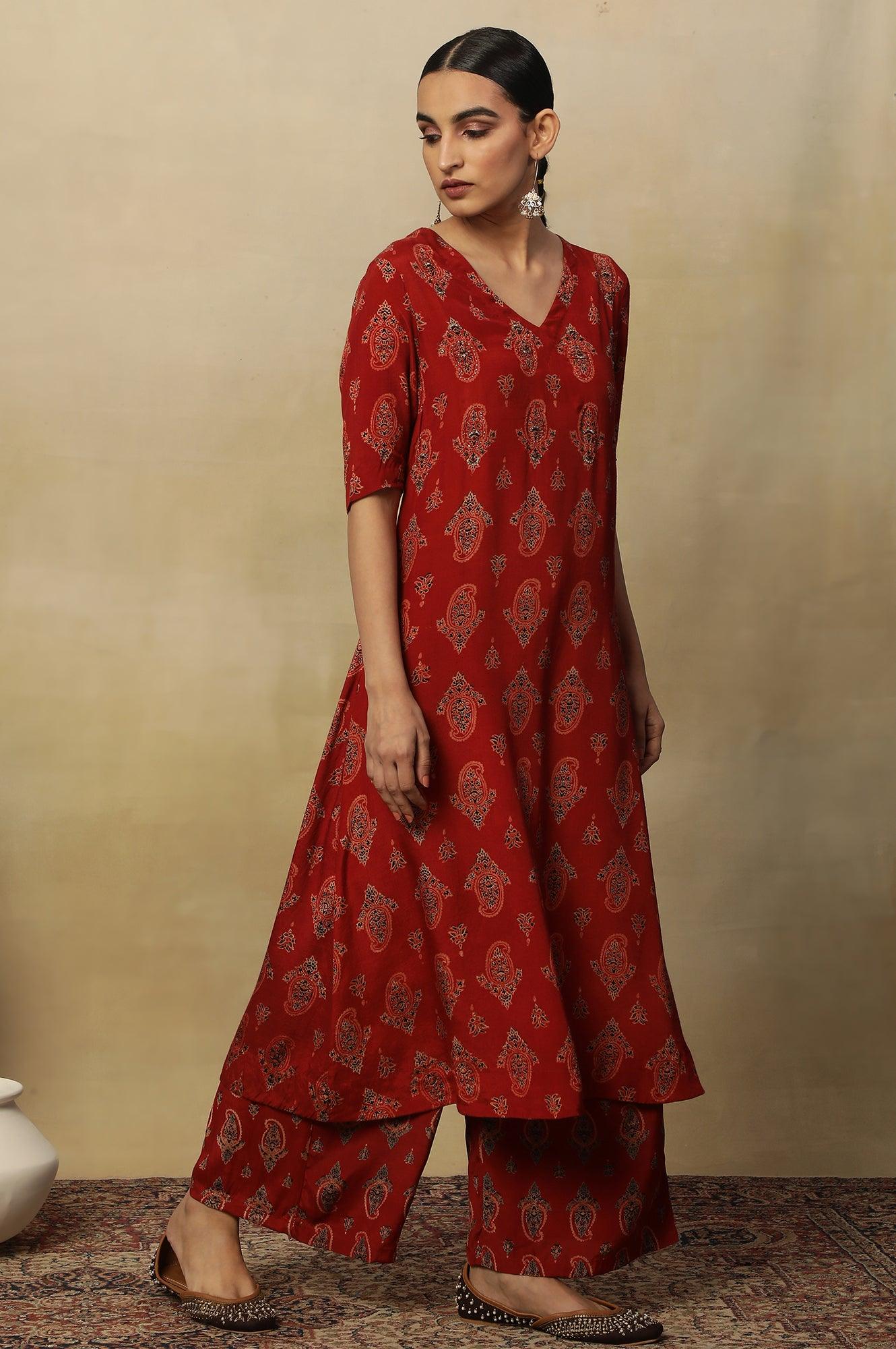 Red Paisley Print A-Line Kurta - Image 5