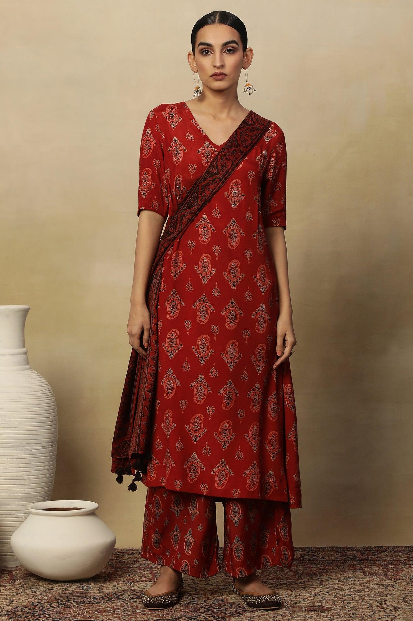 Red Paisley Print A-Line Kurta - Image 6