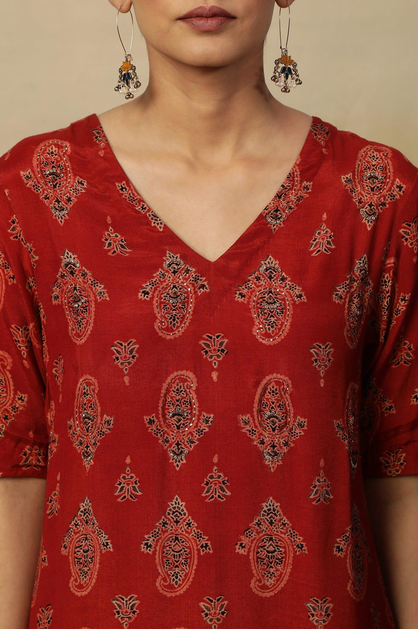 Red Paisley Print A-Line Kurta - Image 7