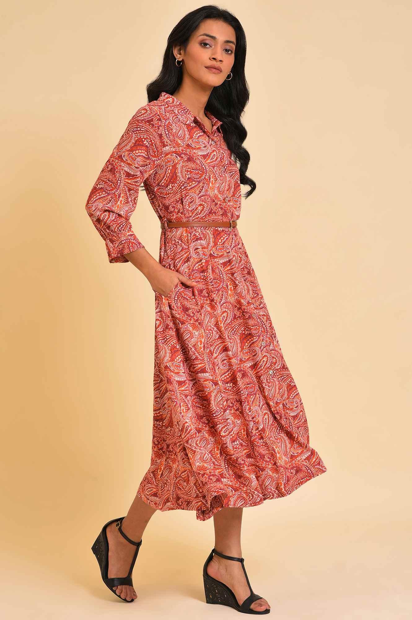 Red Paisley Print Long Shirt Dress - Image 4