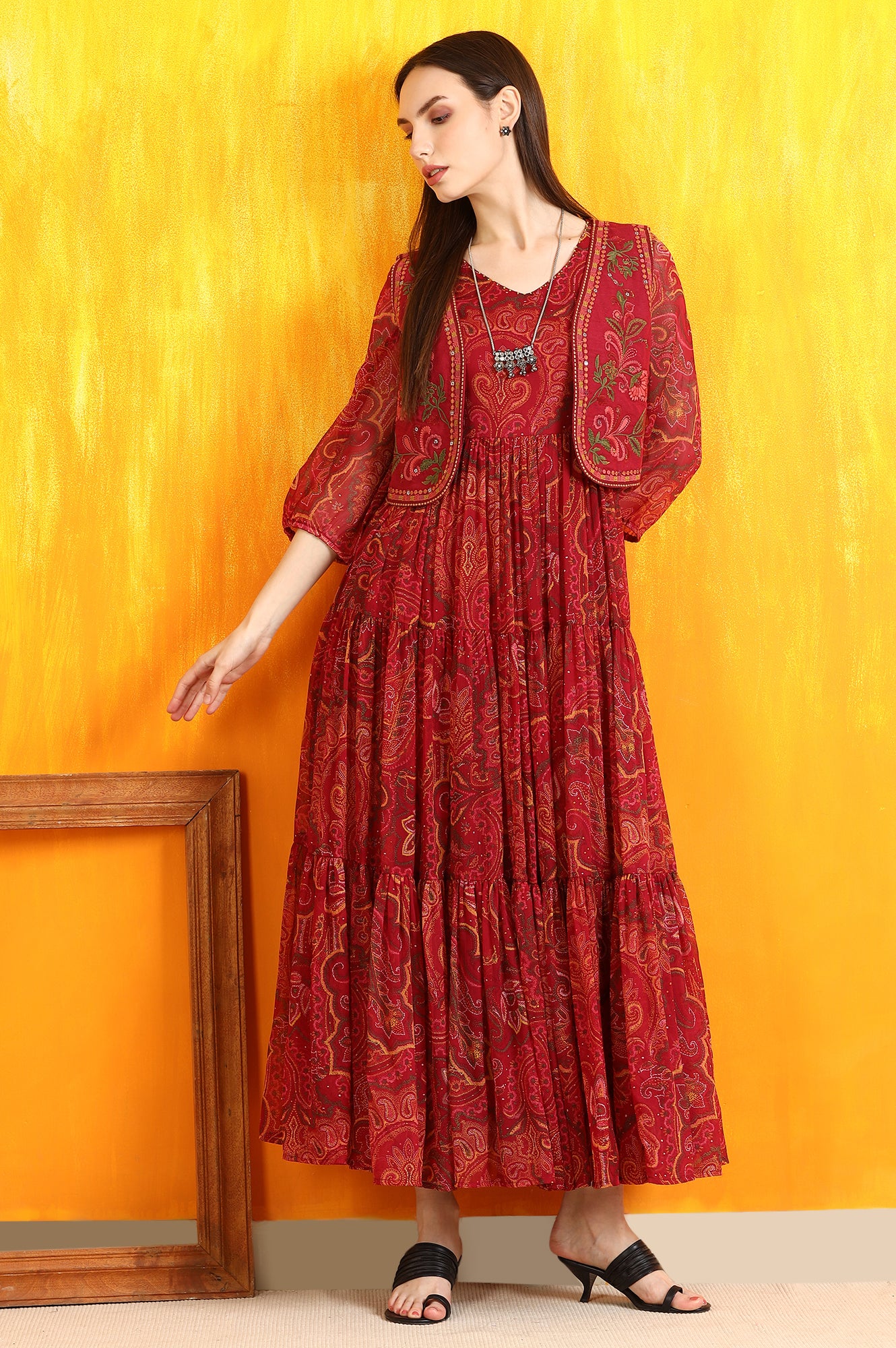 Red Paisley Printed Chiffon Dress and Waistcoat - Image 2