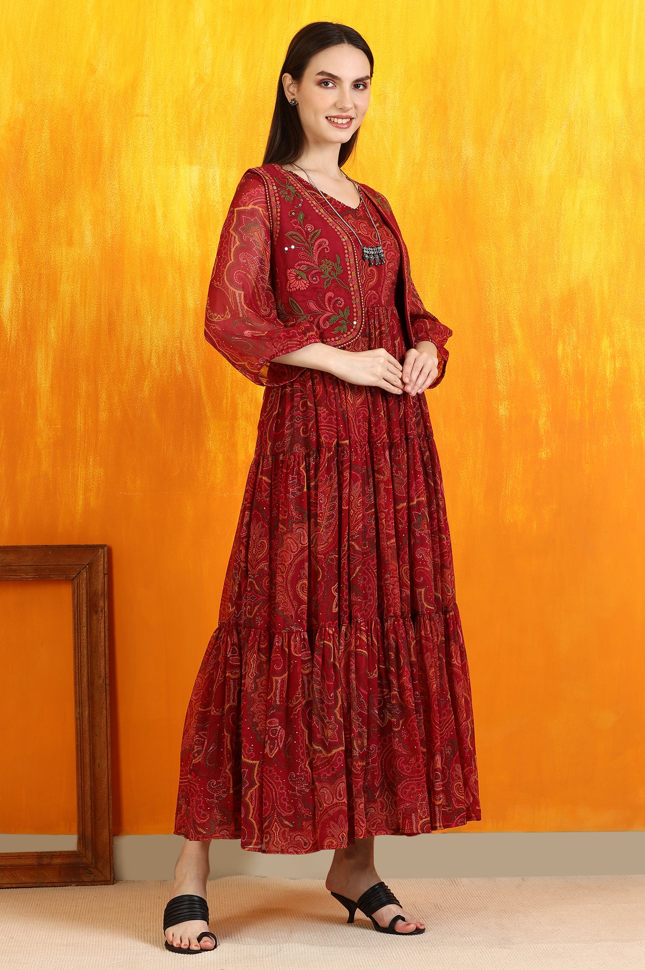 Red Paisley Printed Chiffon Dress and Waistcoat - Image 7