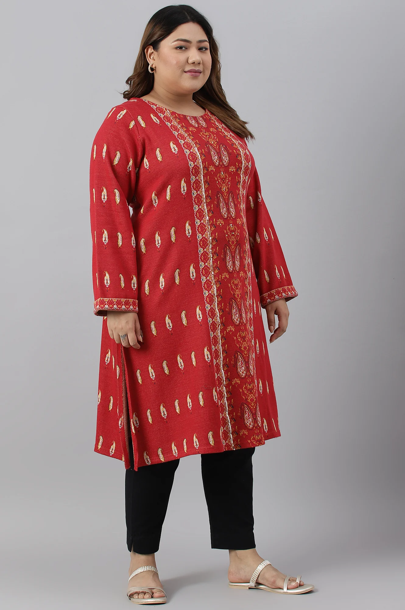 Red Paisley Printed Plus Size Winter kurta - Image 3
