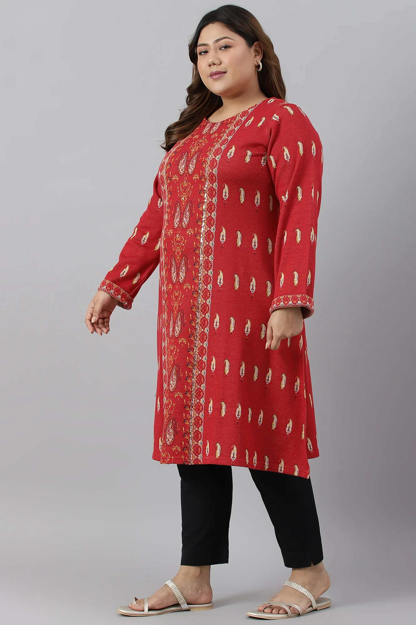 Red Paisley Printed Plus Size Winter kurta - Image 4