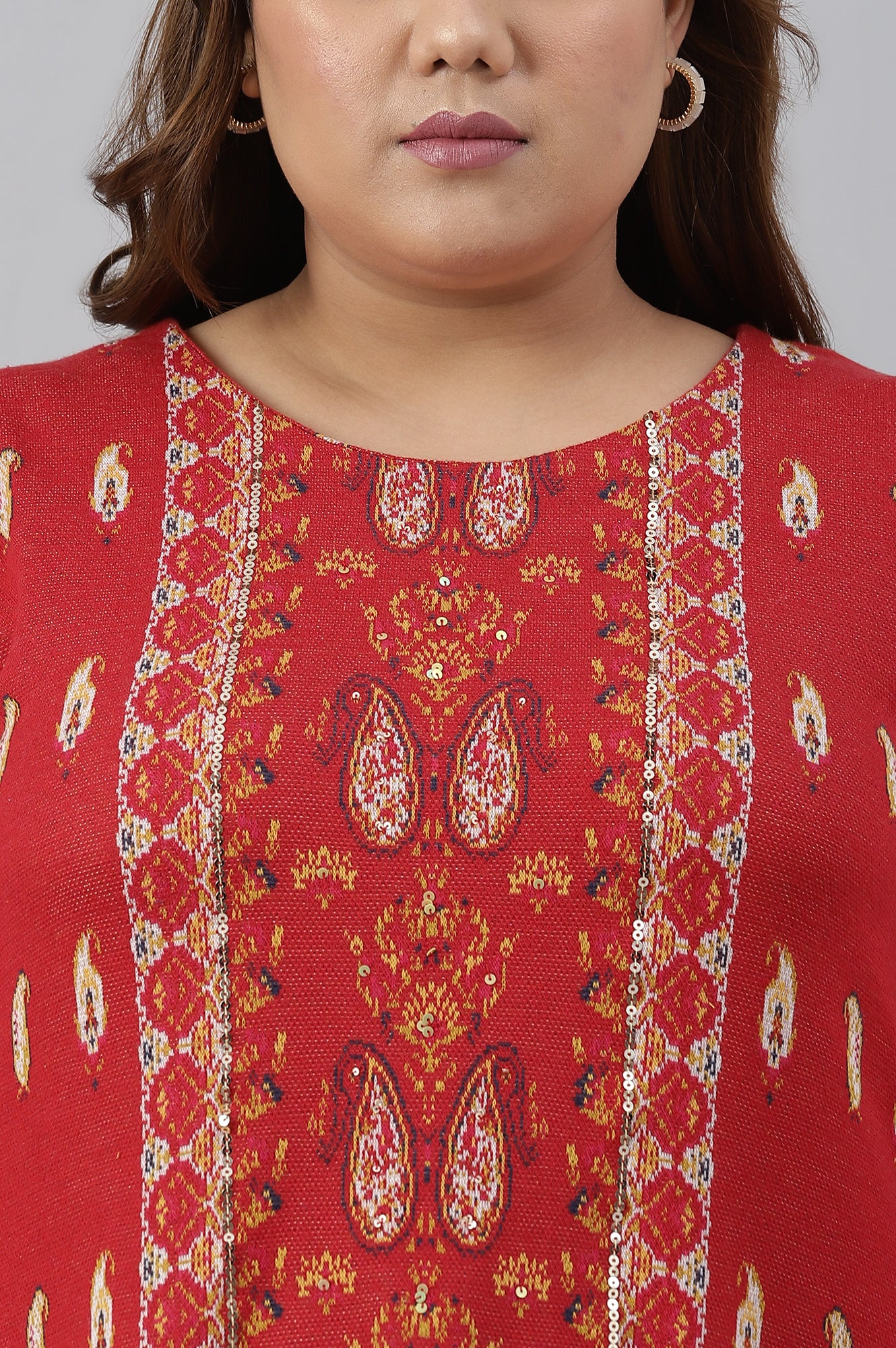 Red Paisley Printed Plus Size Winter kurta - Image 5