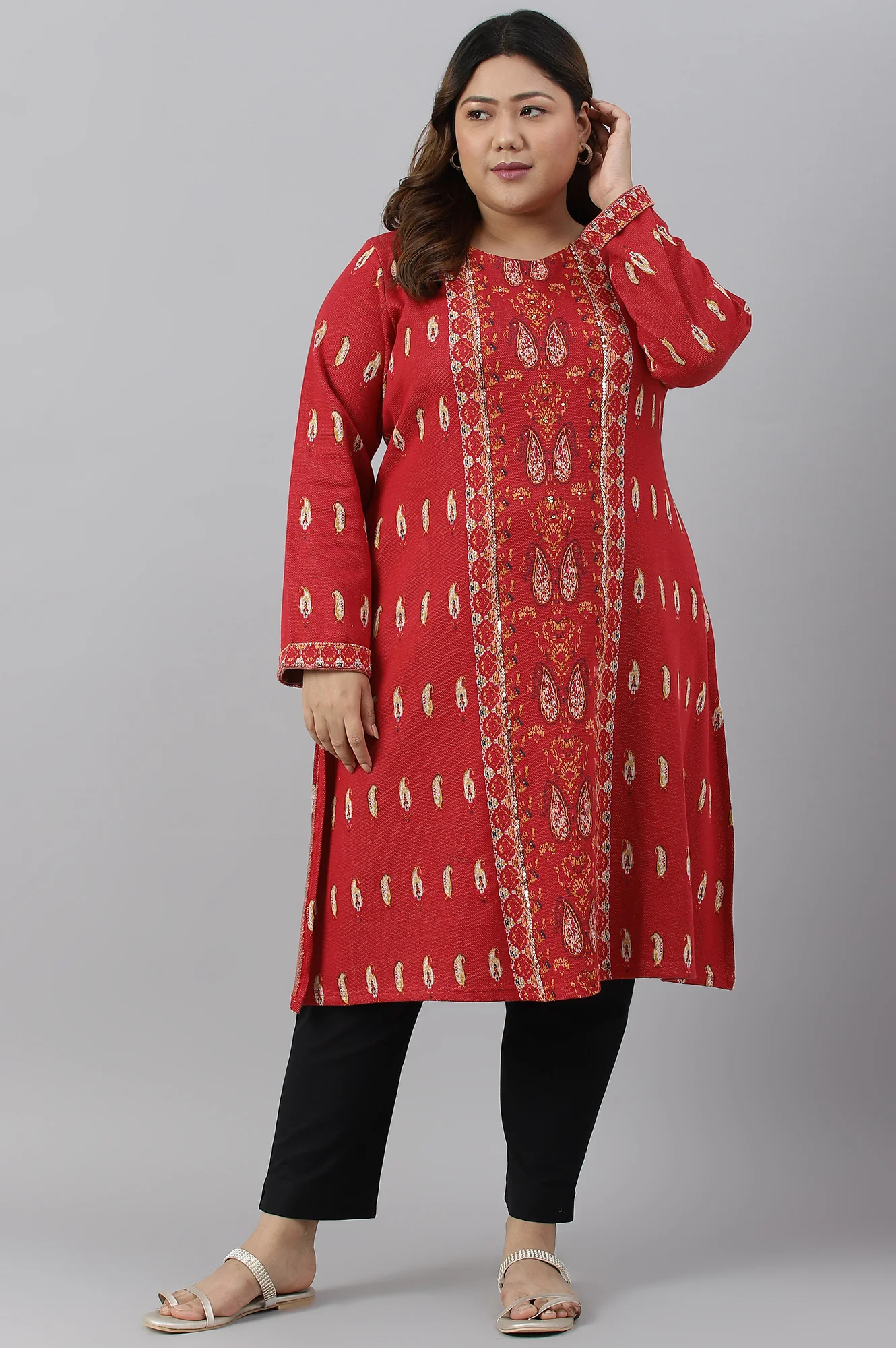 Red Paisley Printed Plus Size Winter kurta - Image 6
