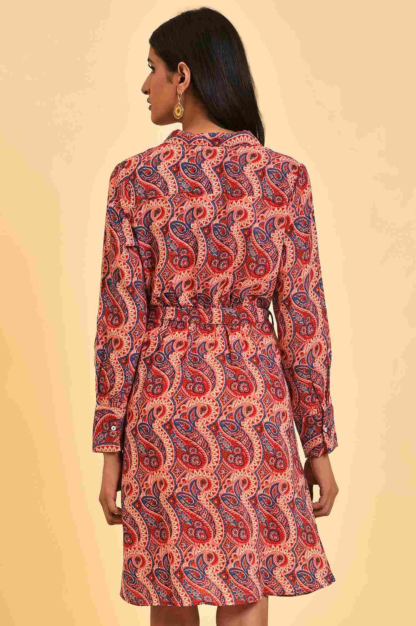 Red Paisley Printed Short Western Dress - Image 2