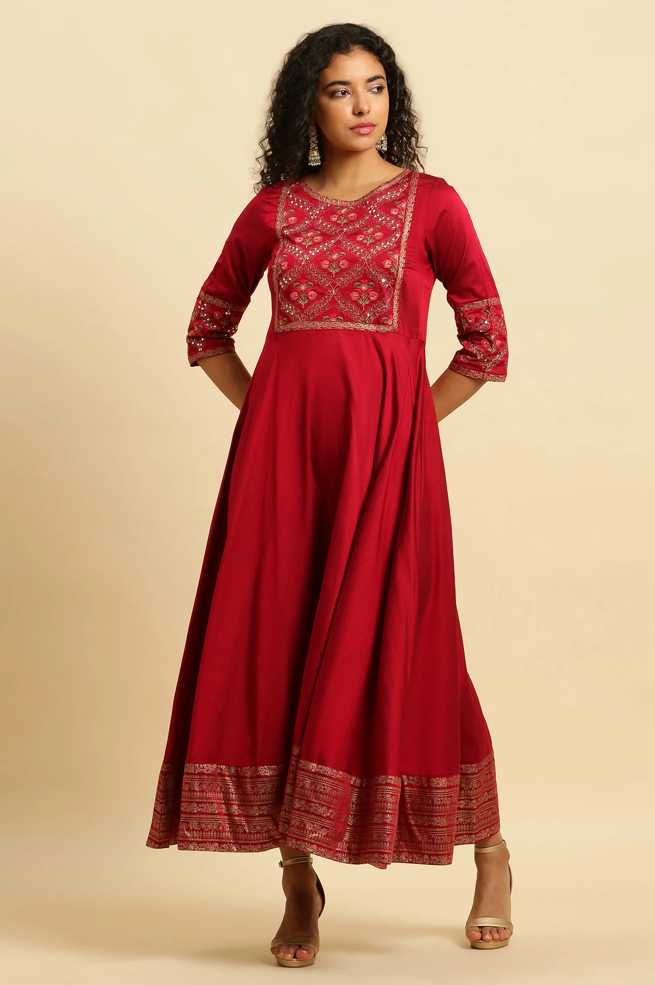 Red Panelled Embroidered Festive Dress - Image 2