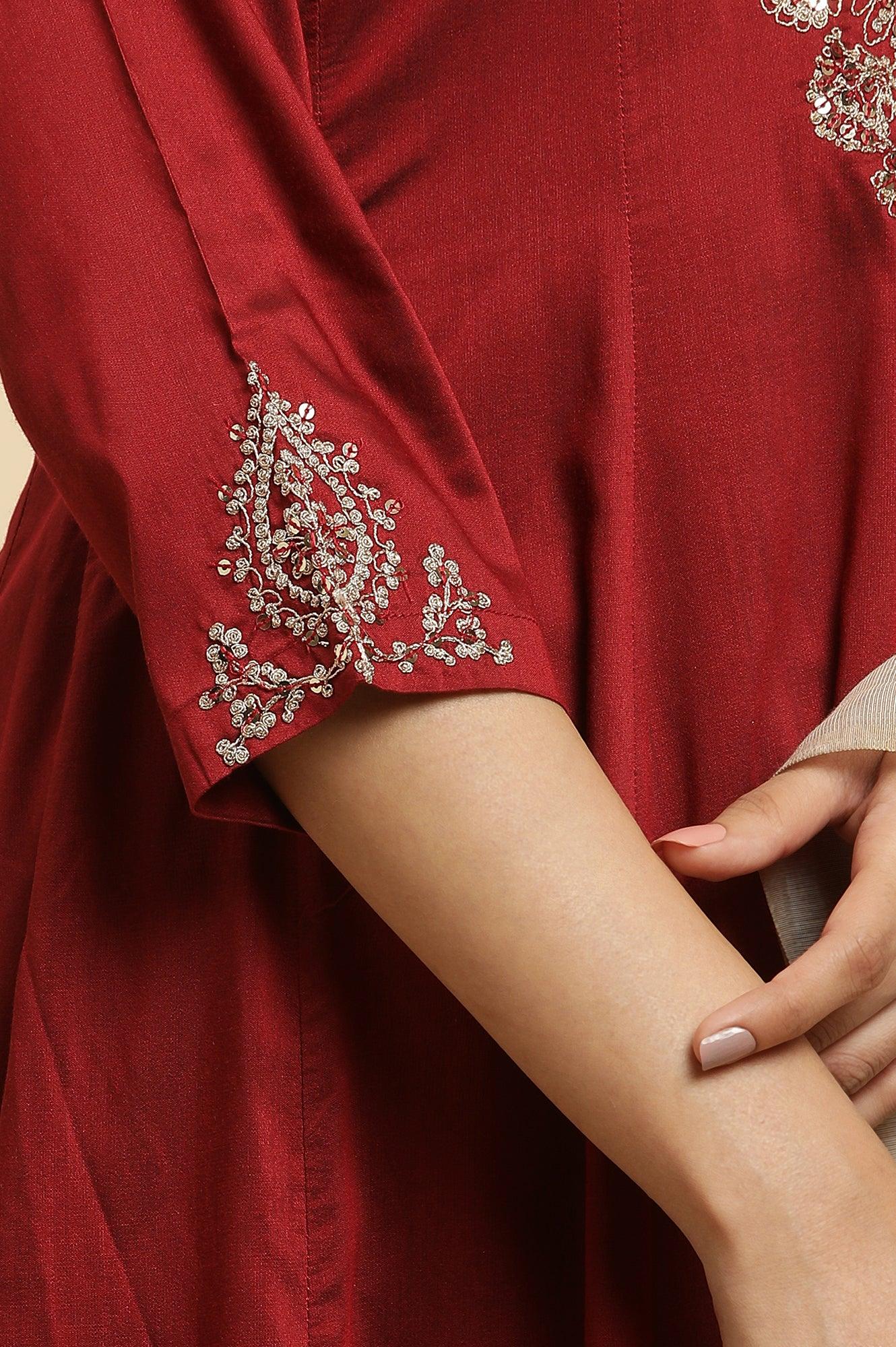 Red Panelled Embroidered Kurta, Slim Pants And Dupatta Set - Image 7