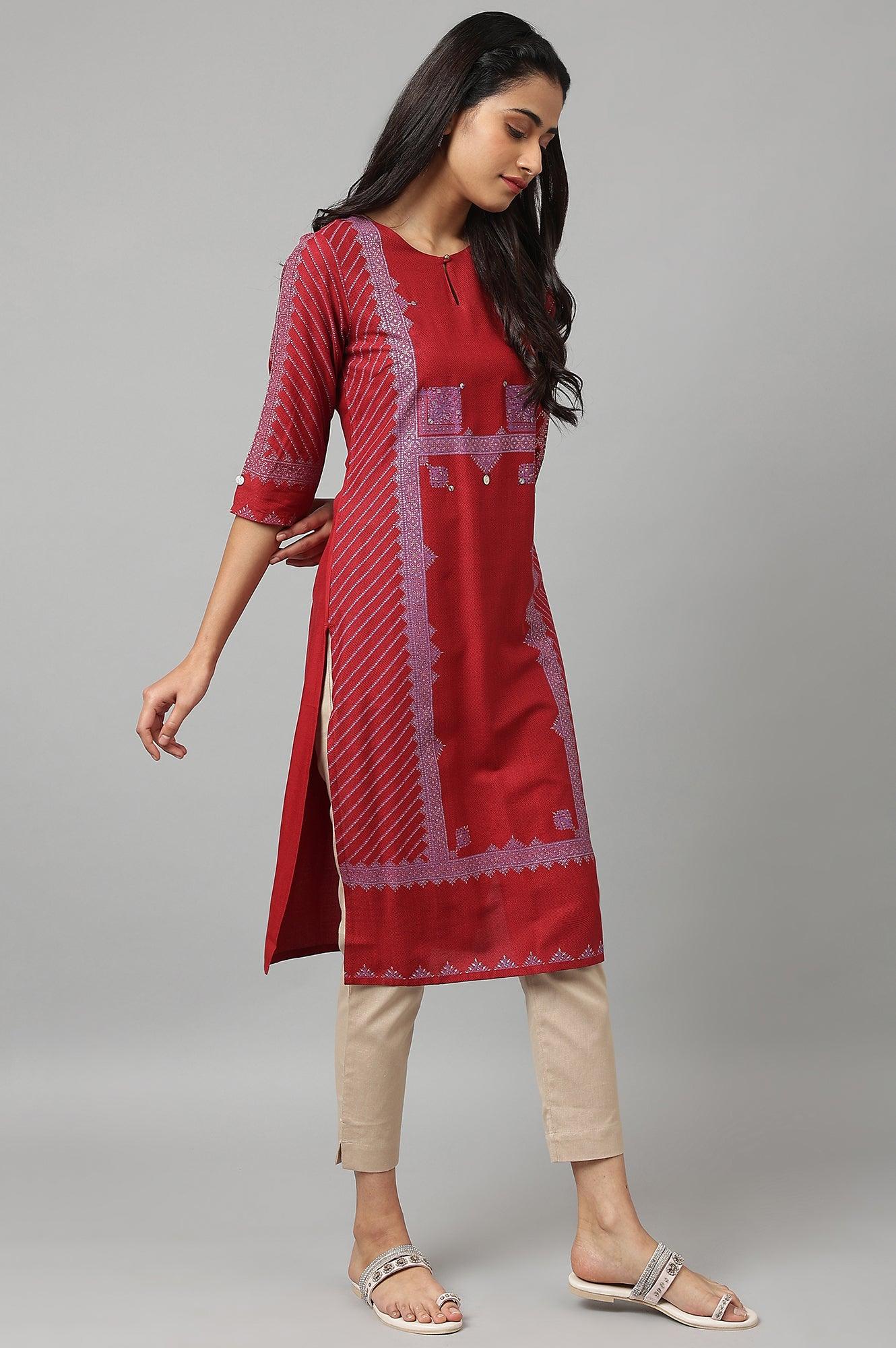Red Placement Print Embellished kurta - Image 6