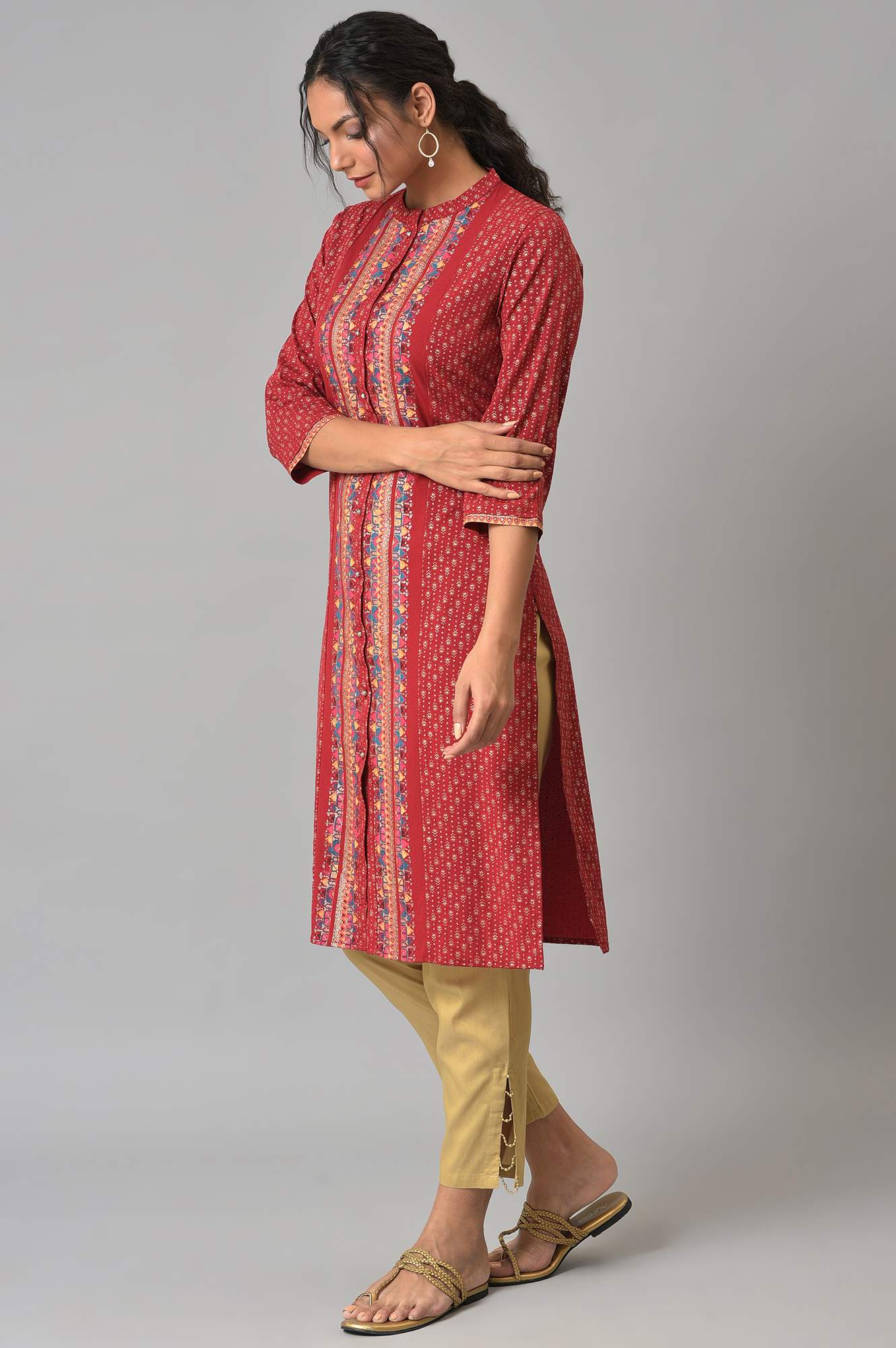 Red Placement Print Festive kurta - Image 3