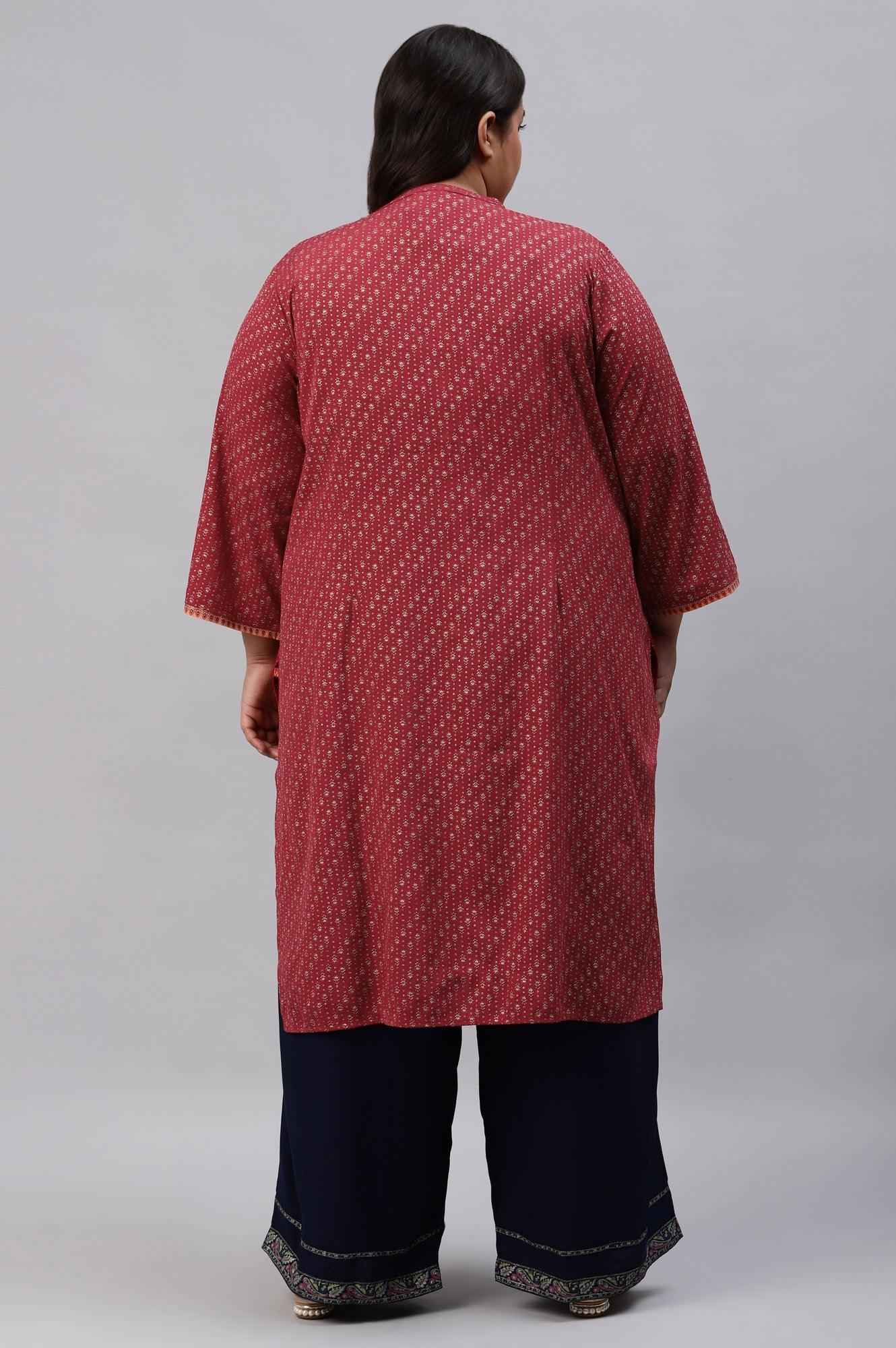 Red Placement Print Festive Plus Size kurta - Image 2