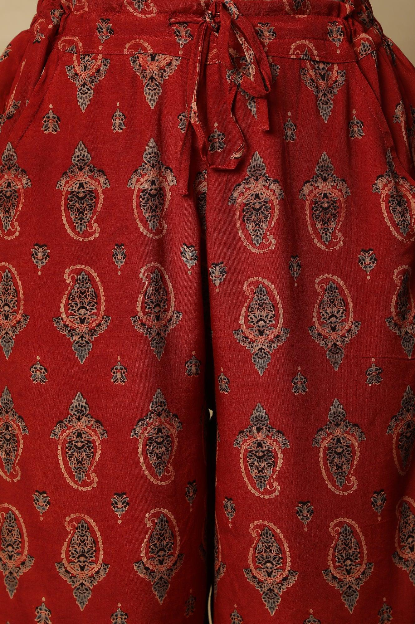 Red Printed Embroidered Red Parallel Pants - Image 6