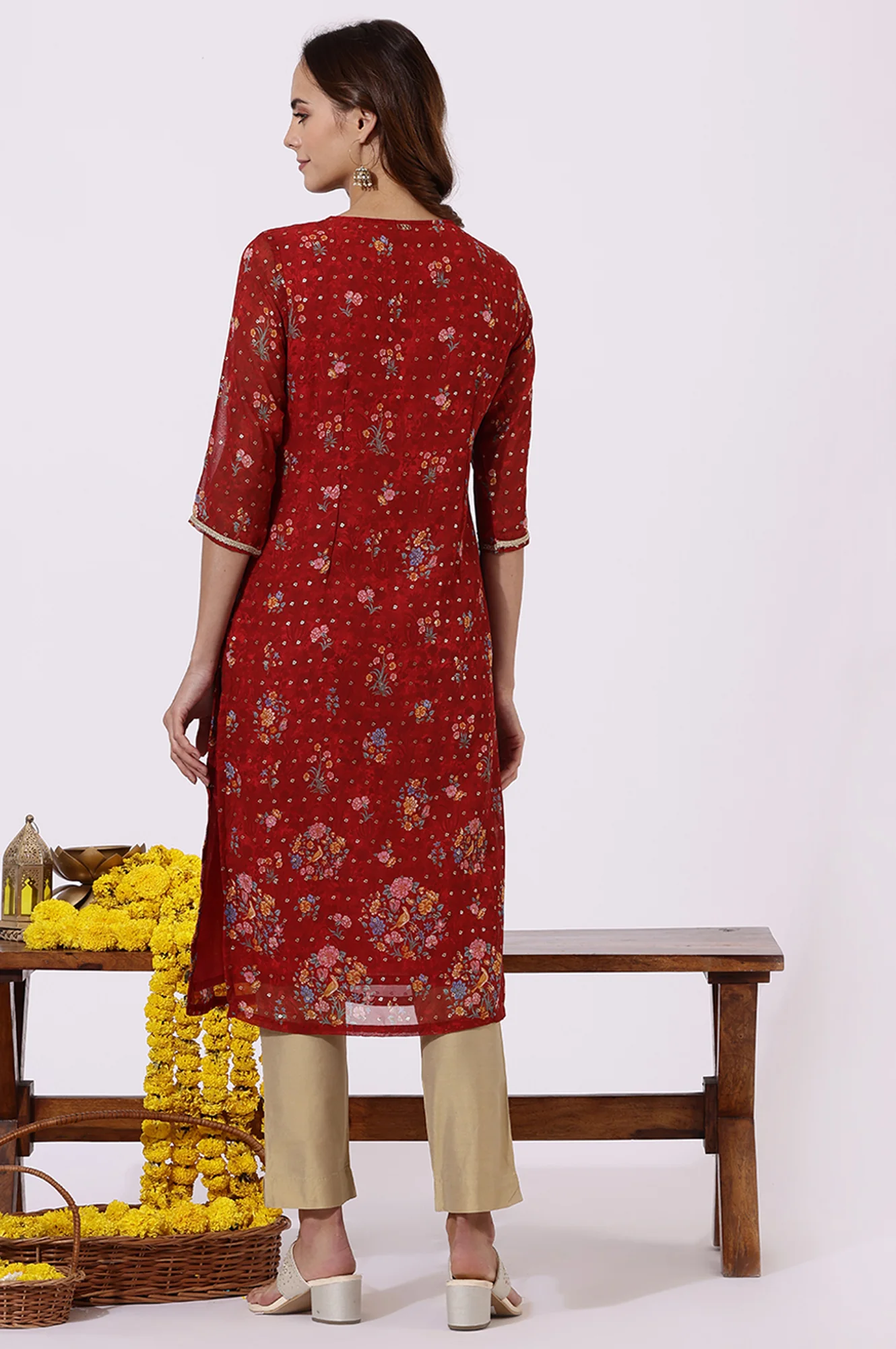 Red Printed Lace Straight Kurta - Image 5