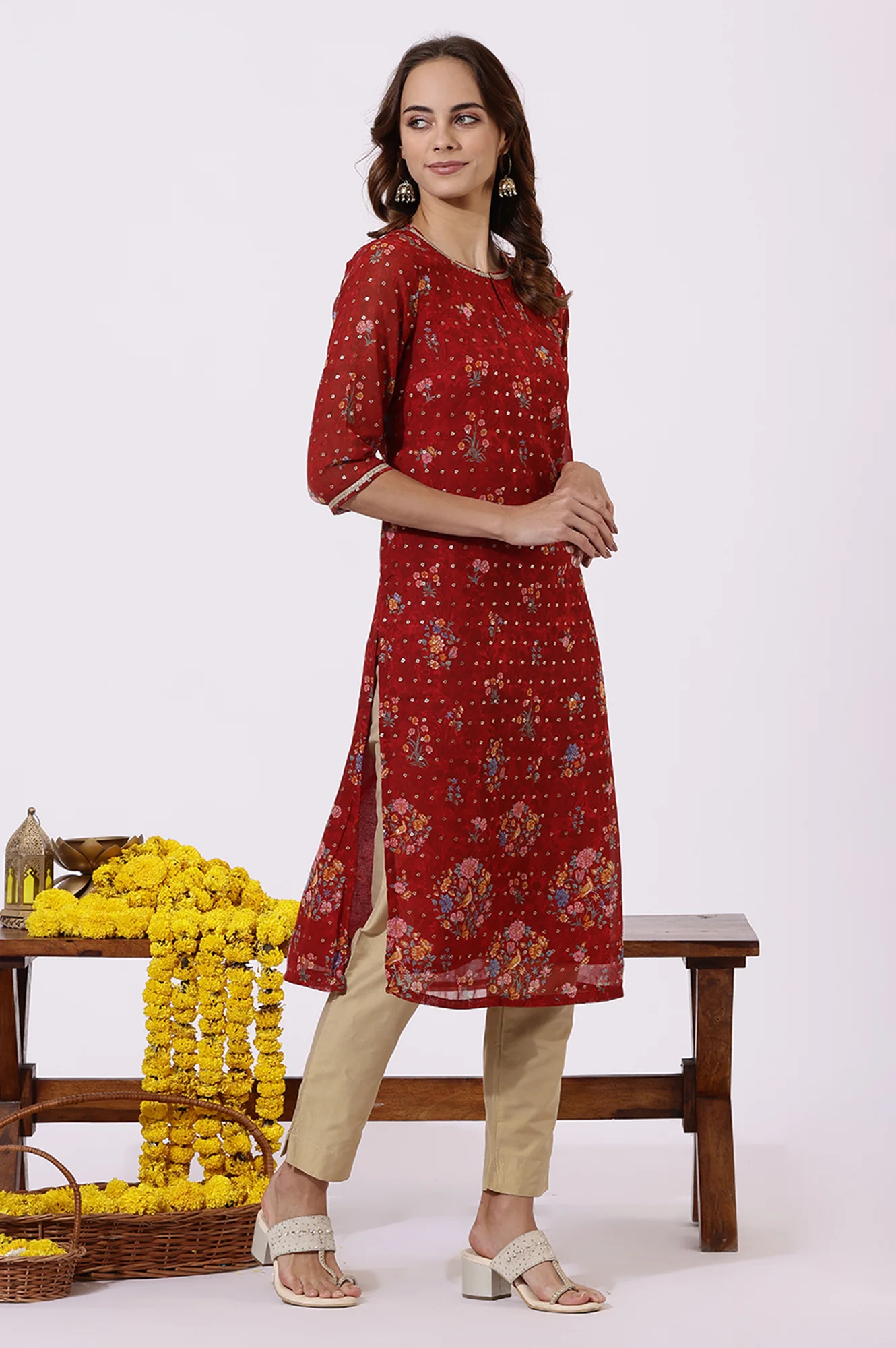 Red Printed Lace Straight Kurta - Image 6
