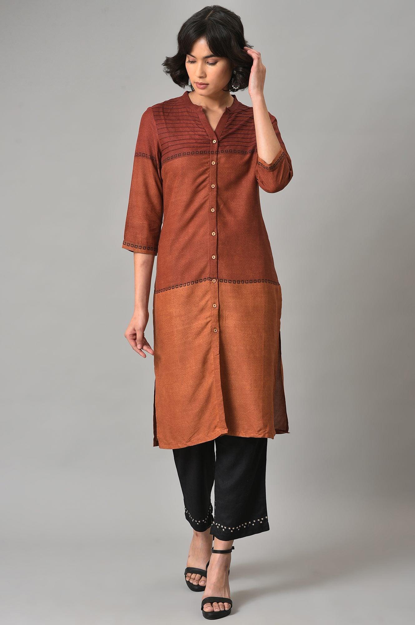 Red Printed Mandarin Collar kurta With Black Straight Pants - Image 10