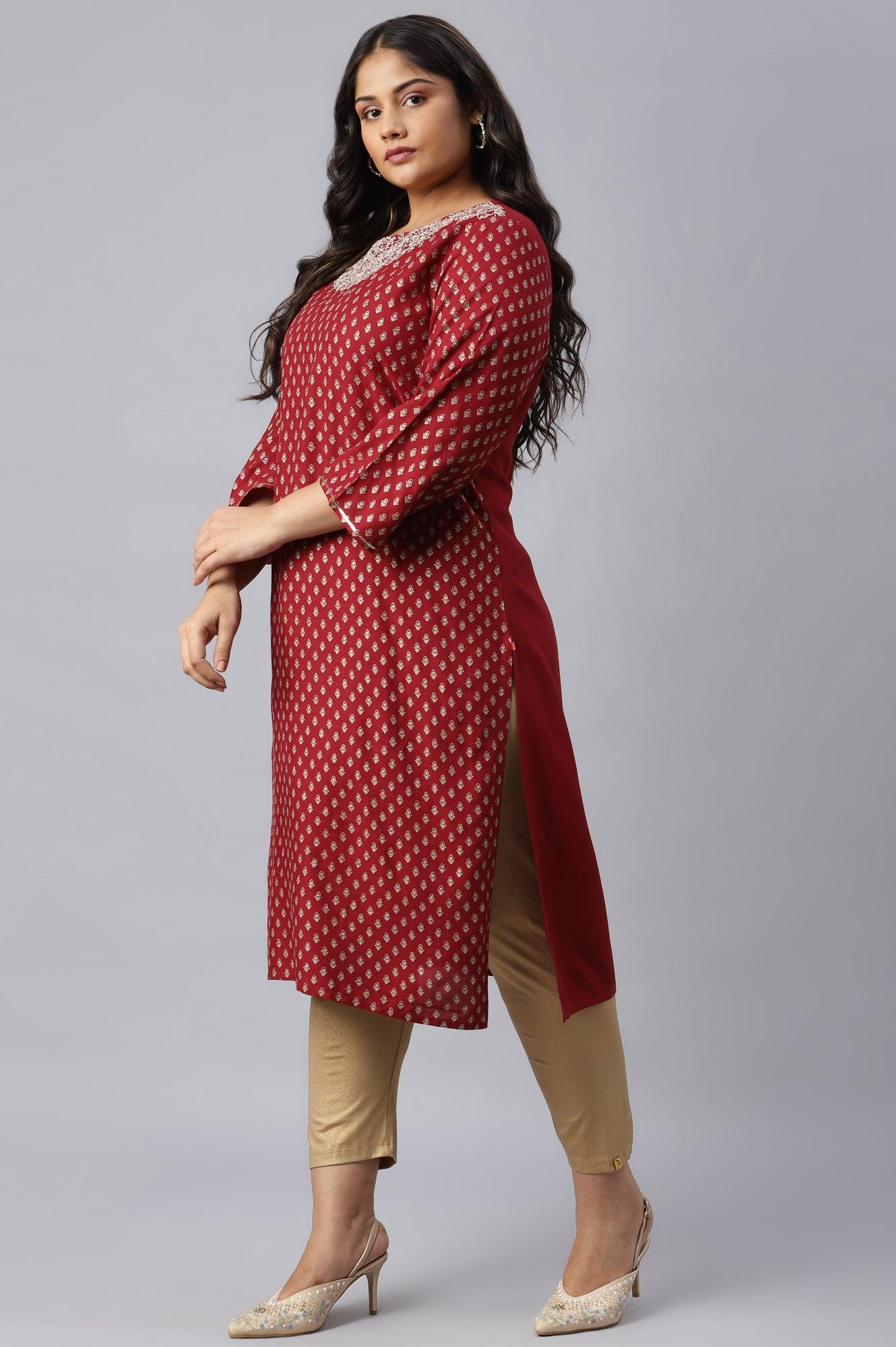 Red Printed Plus Size kurta With Metallic Embroidery - Image 3