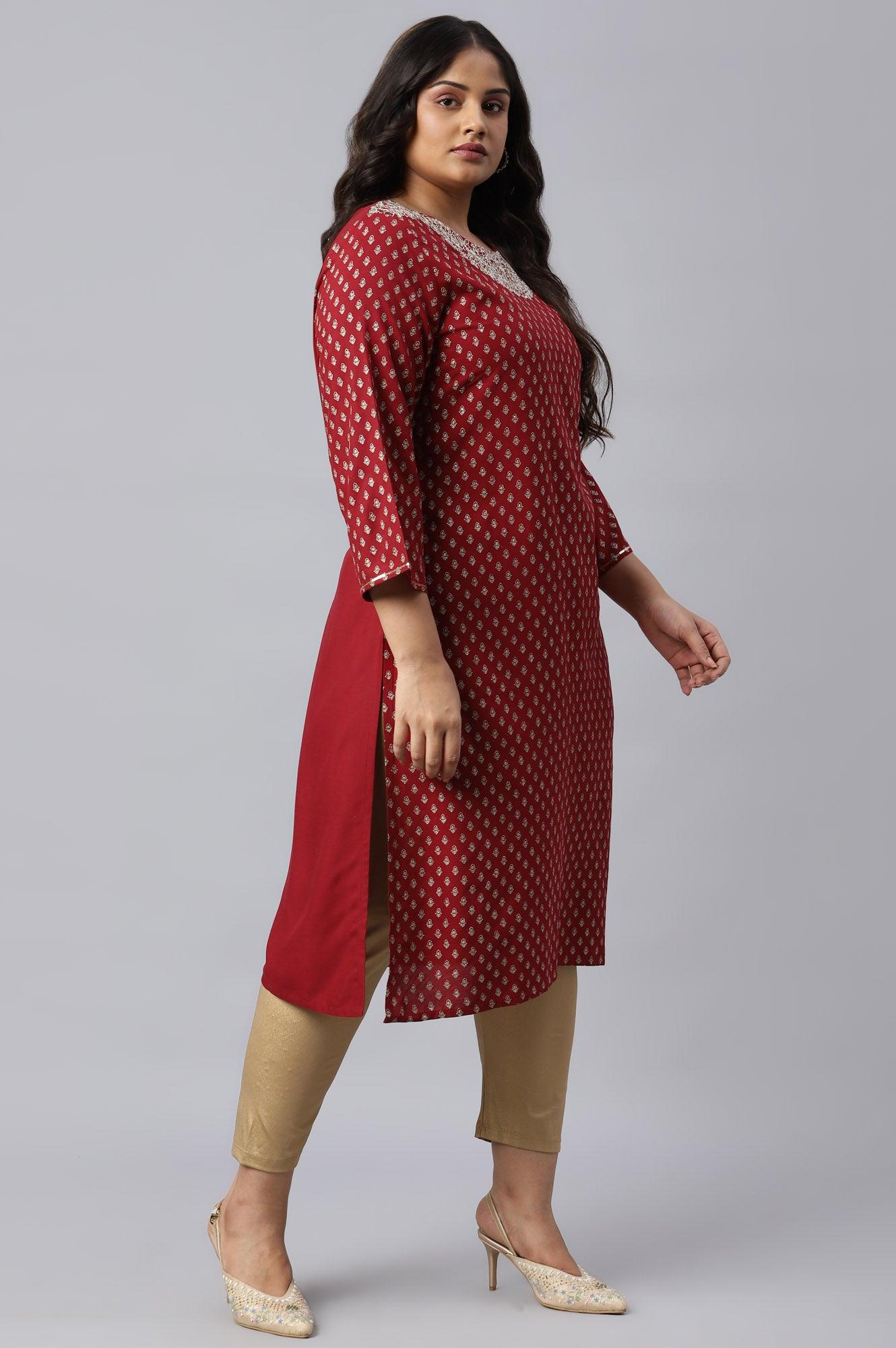 Red Printed Plus Size kurta With Metallic Embroidery - Image 4