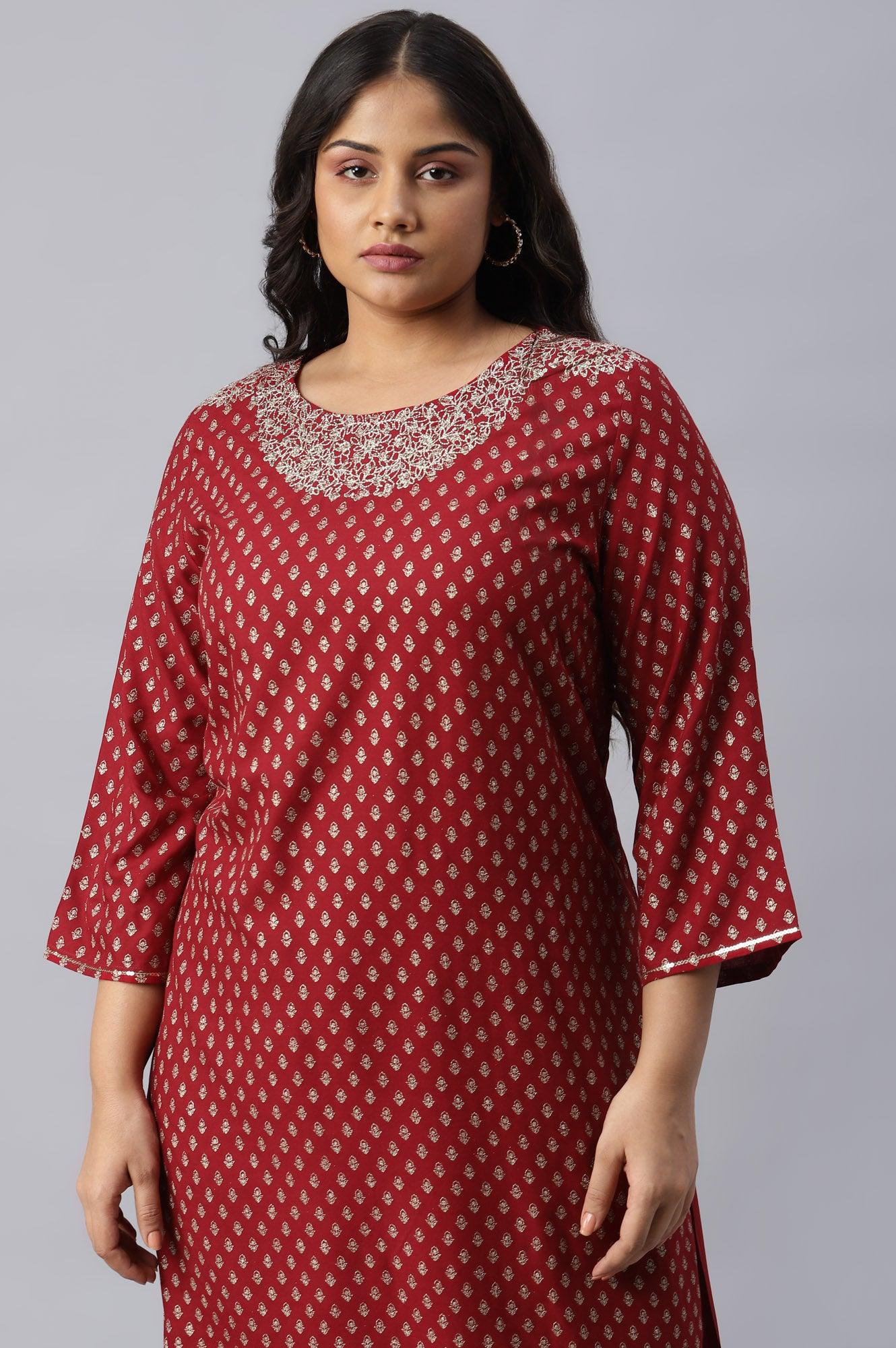 Red Printed Plus Size kurta With Metallic Embroidery - Image 5