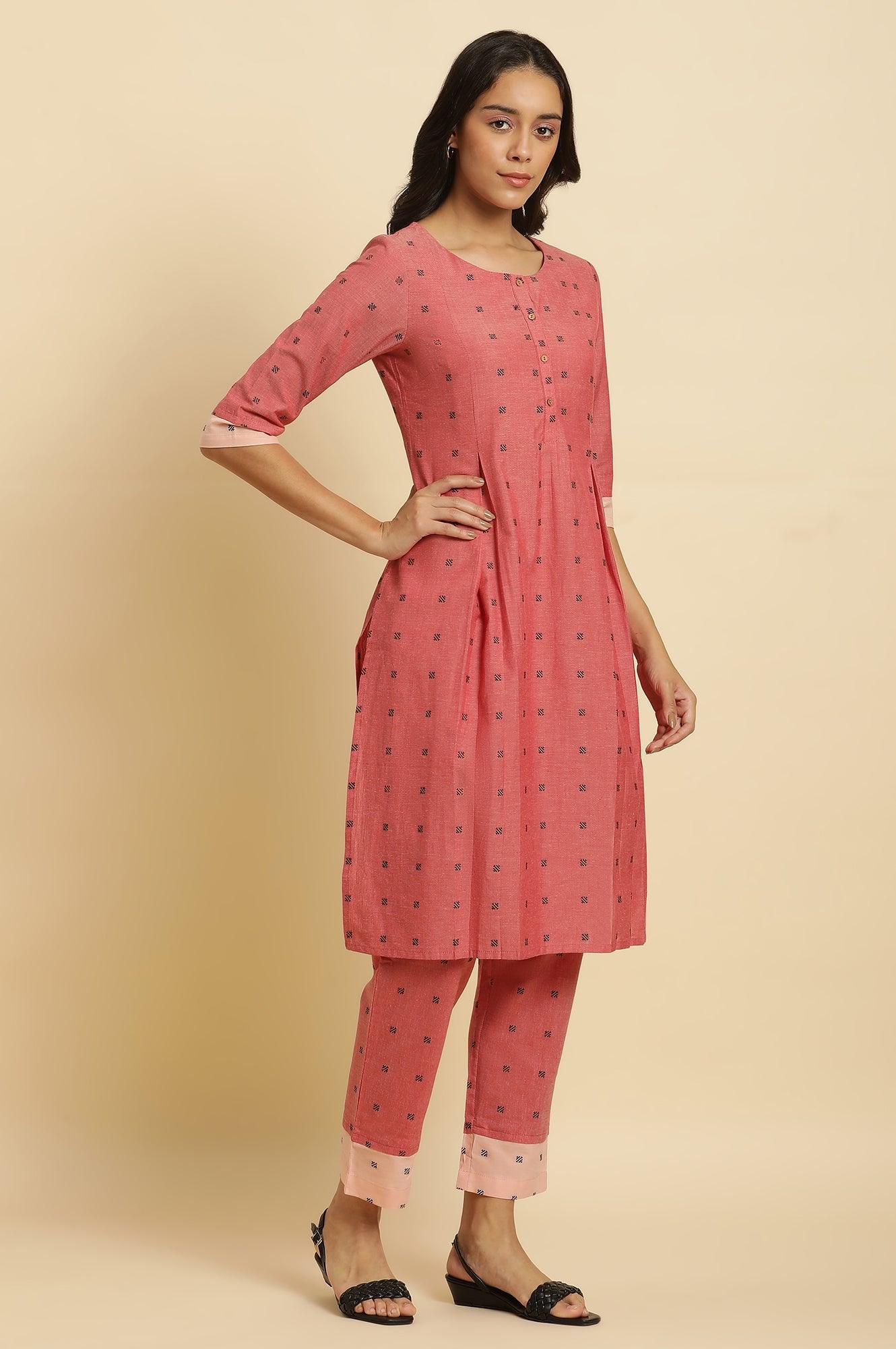 Red Printed Rayon Pleated Kurta And Pants Co-Ord Set - Image 6
