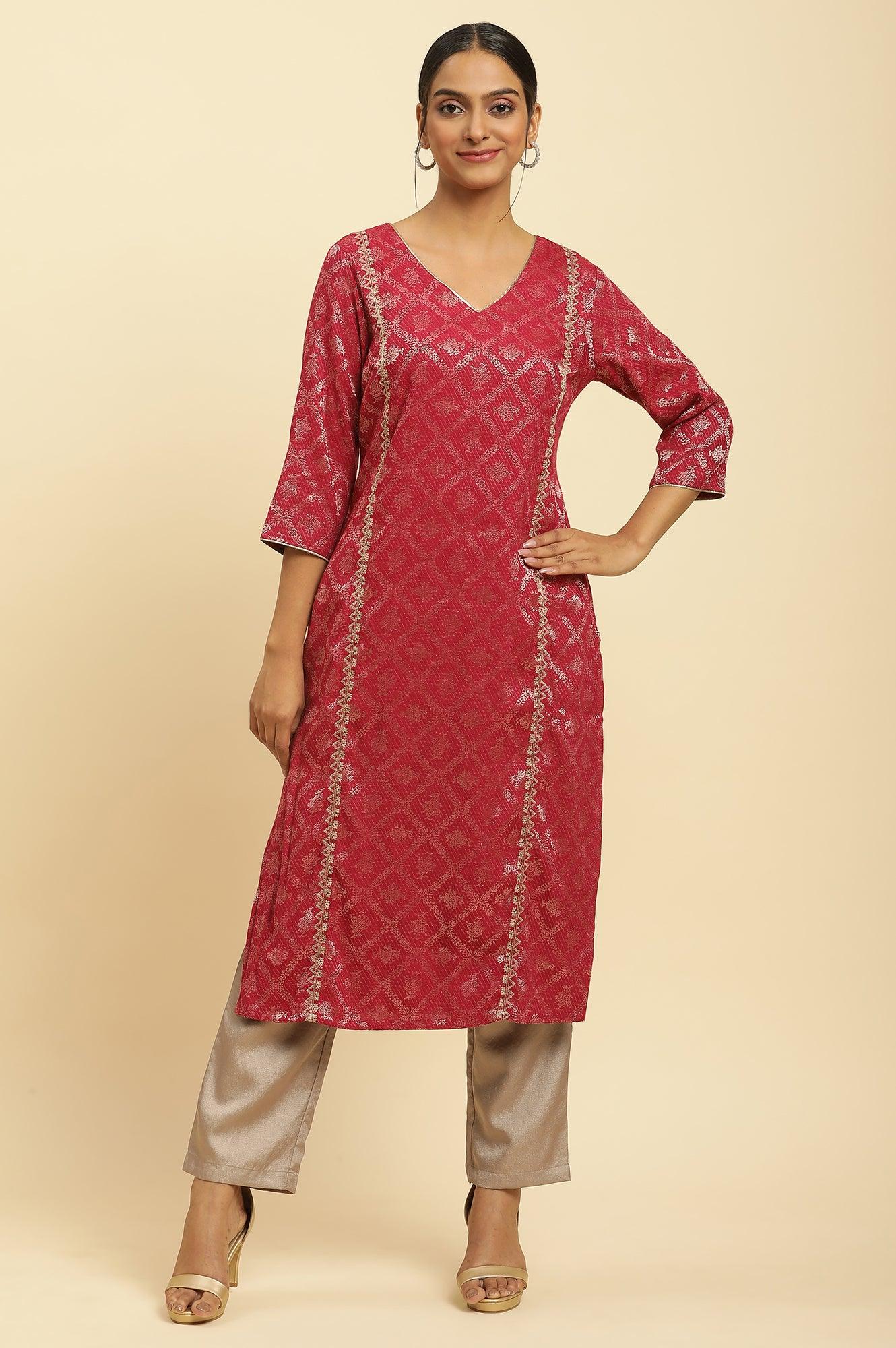 Red Rayon Jacquard Sequined Festive Kurta - Image 2