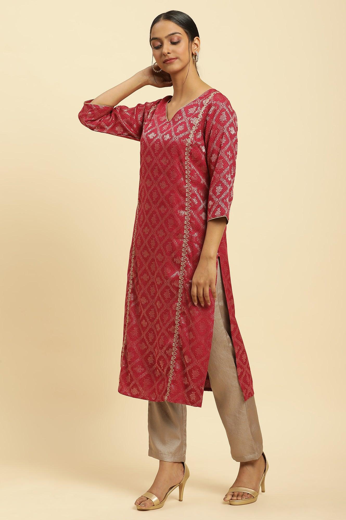 Red Rayon Jacquard Sequined Festive Kurta - Image 3
