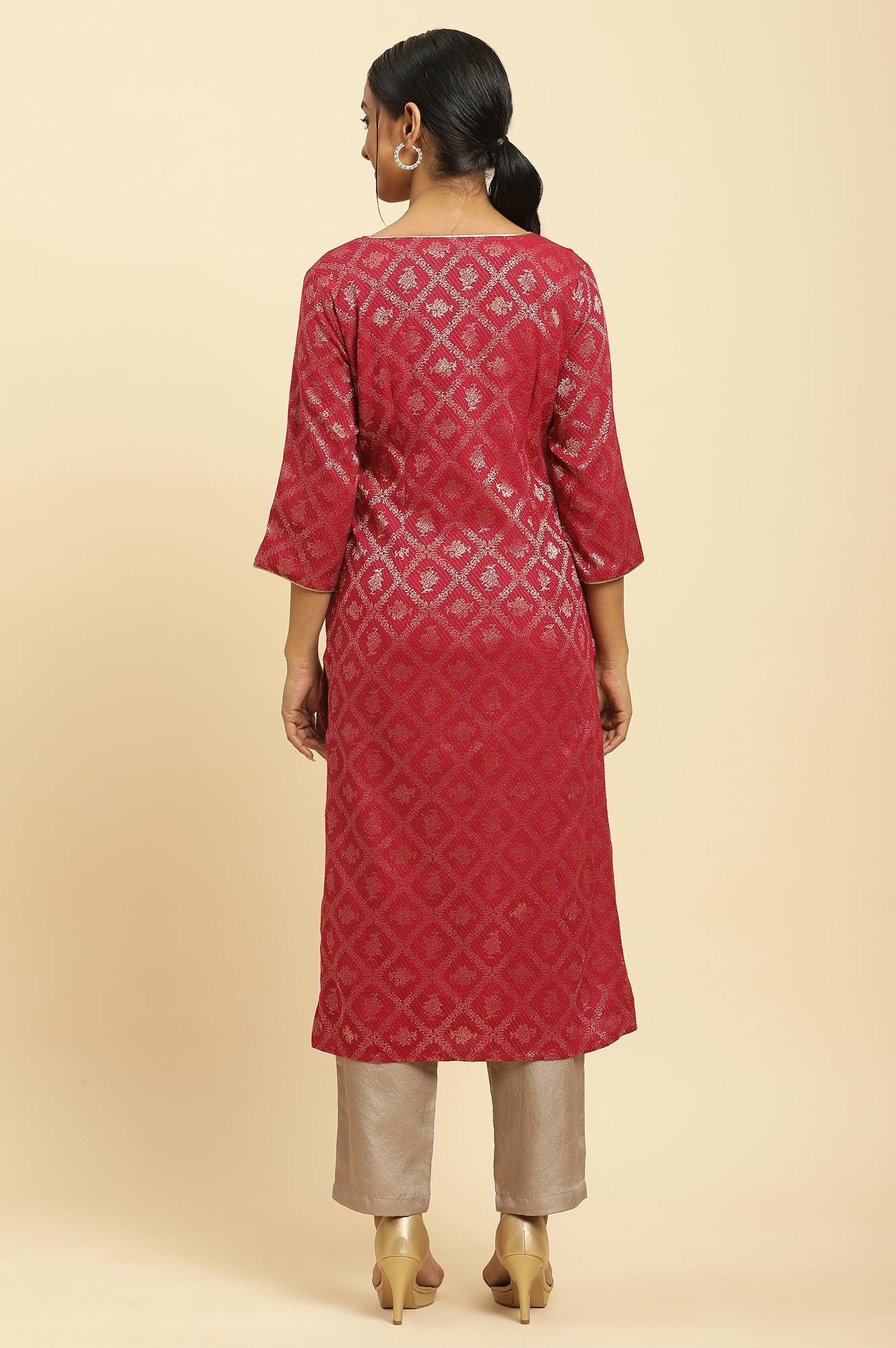Red Rayon Jacquard Sequined Festive Kurta - Image 4