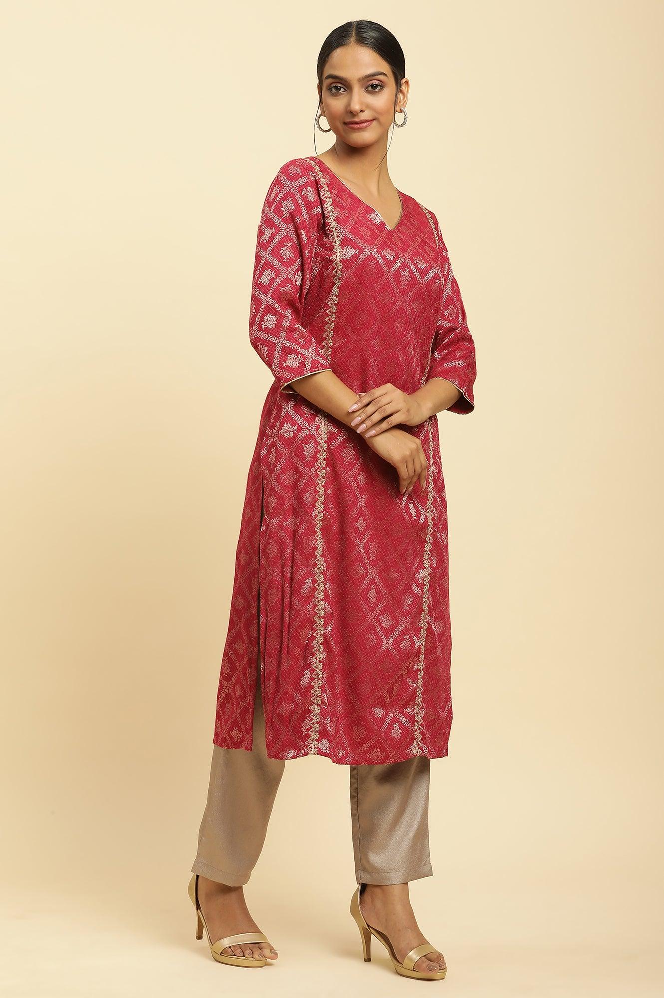 Red Rayon Jacquard Sequined Festive Kurta - Image 5