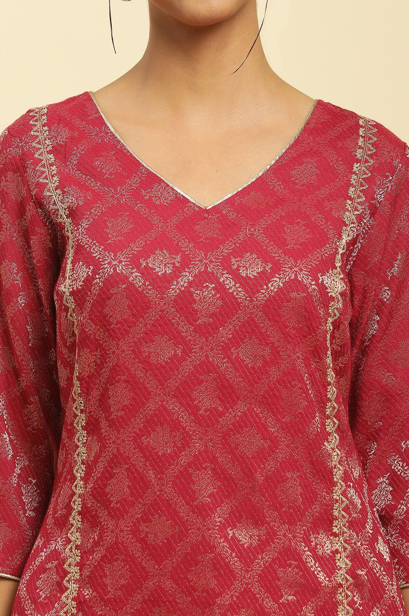 Red Rayon Jacquard Sequined Festive Kurta - Image 6