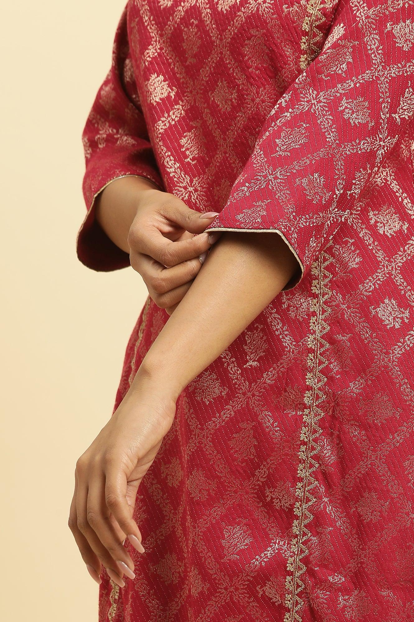 Red Rayon Jacquard Sequined Festive Kurta - Image 7