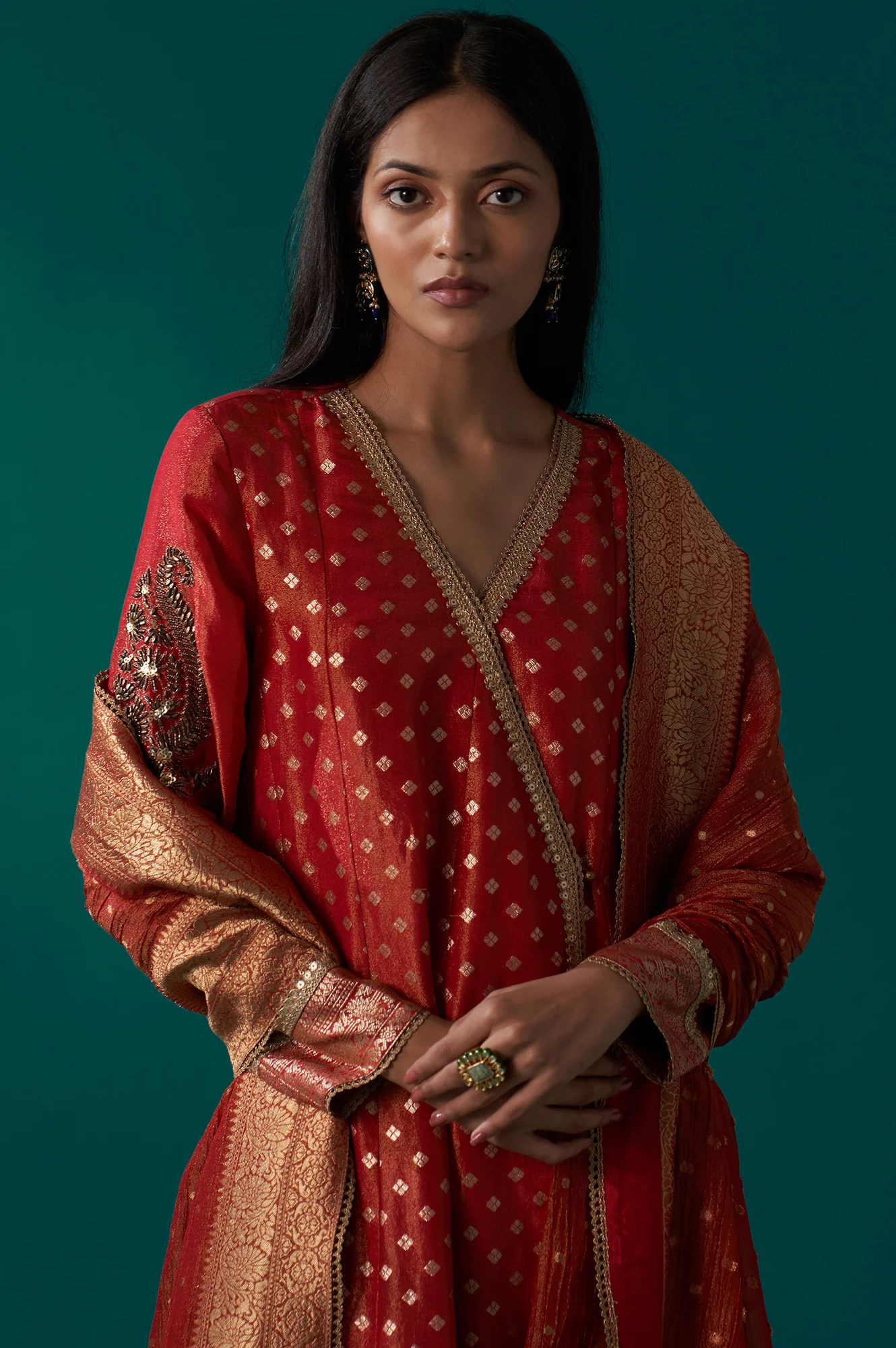 Red Embroidered Tissue Jacquard Angarkha Kurta with Pant and Dupatta Set - Image 2