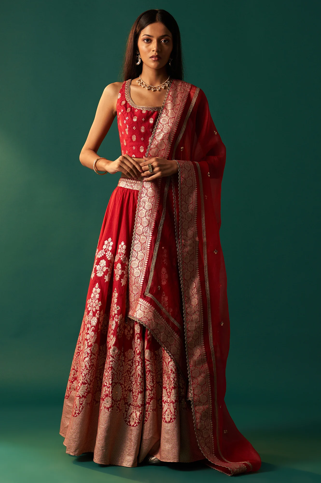 Red Zari Embroidered Jacquard Blouse with Flared Skirt and Dupatta Set - Image 2