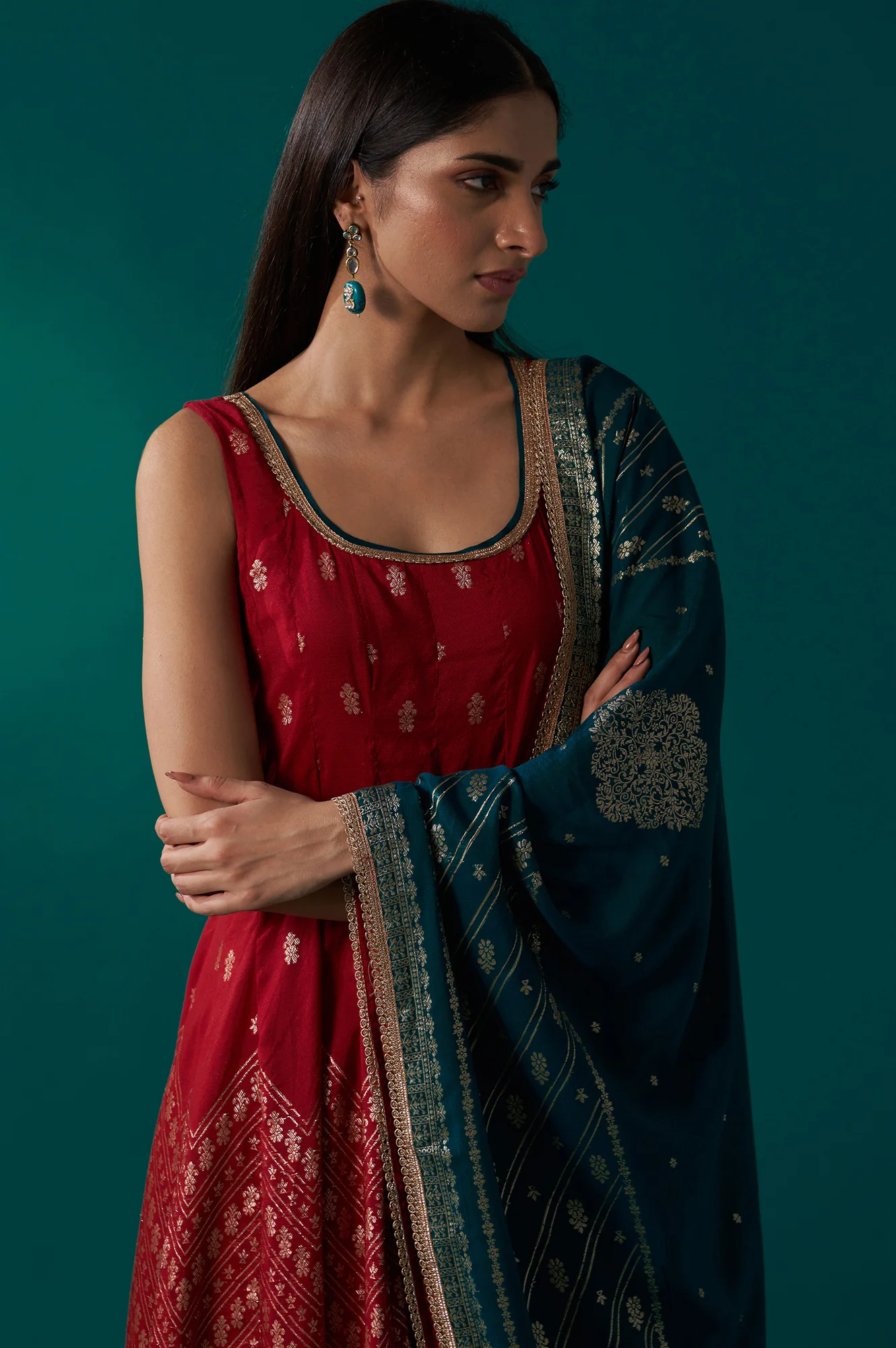 Red Zari Embroidered Jacquard Anarkali Sleeveless Kurta with Churidar and Dupatta Set - Image 2